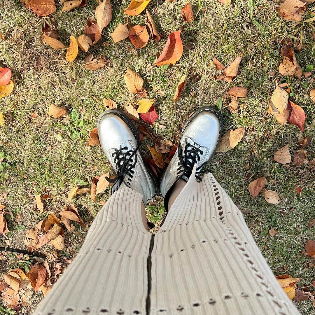 朝長美桜のインスタグラム：「秋だね🍁🍂 今年も紅葉見に行くの楽しみだな☺️ この時期はついついドクターマーチン履きたくなるし、足元見て可愛くてついつい写真撮ってる📸🤍  #drmartens#ドクターマーチン#Amy#Amyaccessory#pug#パグ#海の中道海浜公園#コスモス」