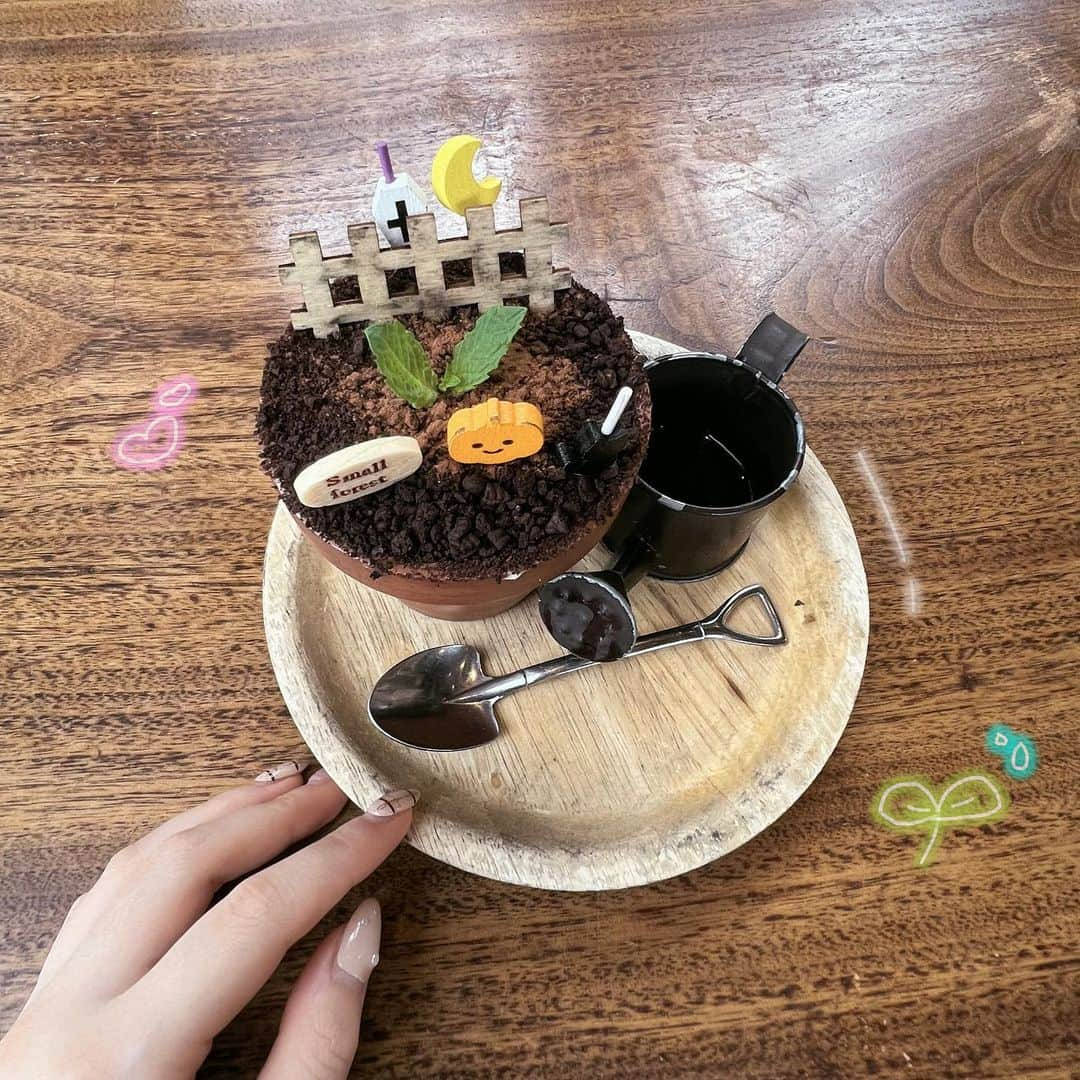 右近心優のインスタグラム：「ママとカフェ行ったときの🧸 植木鉢の見た目やけどこれ実はティラミスなの!! 可愛いし美味しかった♡   #cafe  #カフェ  #カフェ巡り   #ティラミス  #植木鉢ティラミス   #熊本  #熊本カフェ」