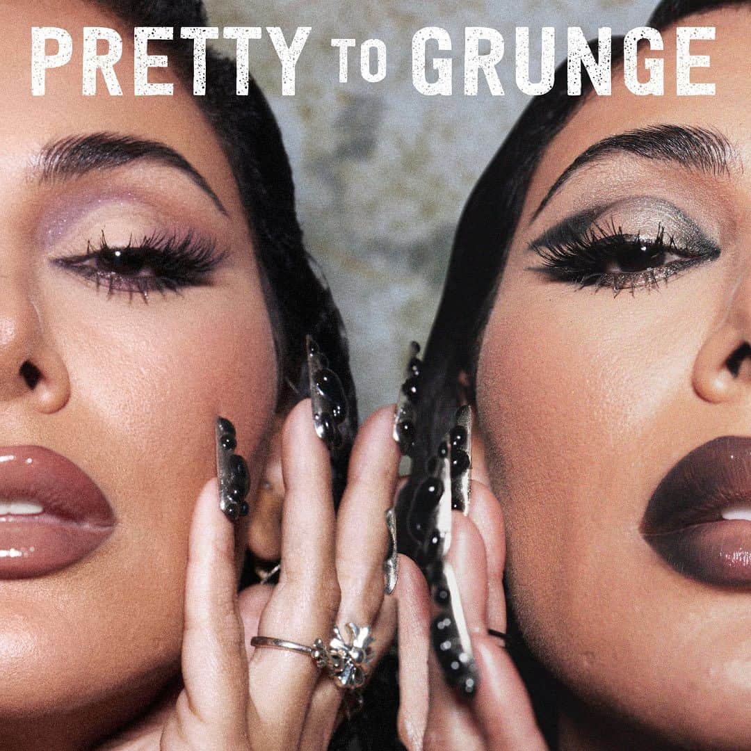 Huda Kattanのインスタグラム：「Transform from pretty glam to fierce grunge with our versatile NEW Pretty Grunge Eyeshadow Palette! 🖤 ✨ Get ready to rock two stunning looks with just one palette.🤘  For that bold grunge look, Huda uses: 🖤Shade Rise Up: The ultimate neutral brown matte. 🖤Shade Brave: A fierce mauve matte. 🖤Shade Strong AF: A bold silver & black purple creamy marble metallic. 🖤Shade Renegade: An intense ultra-black creamy metallic.  Get this pretty look:  ✨ Shade Freedom: A purple-grey matte ✨ Shade Haphazard: Multi-chromatic shimmer flakes ✨ Shade Hope: Deep neutral brown matte ✨ Shade Beauty Chaos: Lilac matte ✨ Shade Renegade: An ultra-black creamy metallic  Unleash your inner grunge goddess, defy the norms, and stand strong!  ✨  🌍  𝗔𝗩𝗔𝗜𝗟𝗔𝗕𝗟𝗘 𝗚𝗟𝗢𝗕𝗔𝗟𝗟𝗬 𝗡𝗢𝗩 𝟭 🌎 #PrettyGrunge  *Huda’s images have not been retouched.」