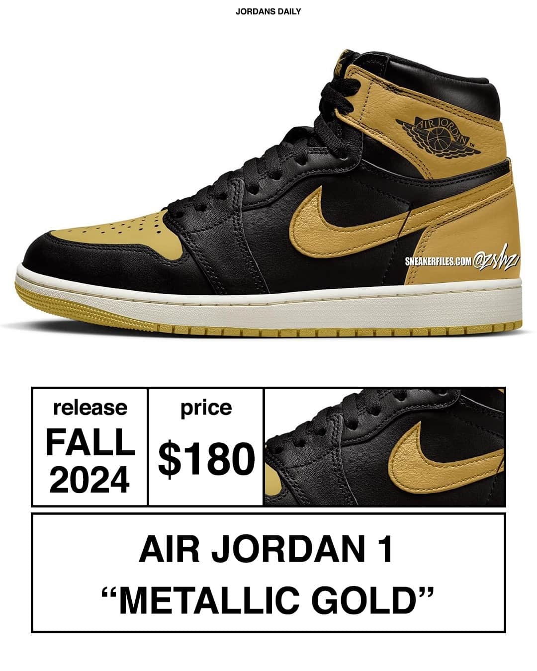 Sneaker News x Jordans Dailyのインスタグラム：「The Air Jordan 1 "Metallic Gold" is slated for a Fall 2024 arrival. For full details, hit the link in the bio!」