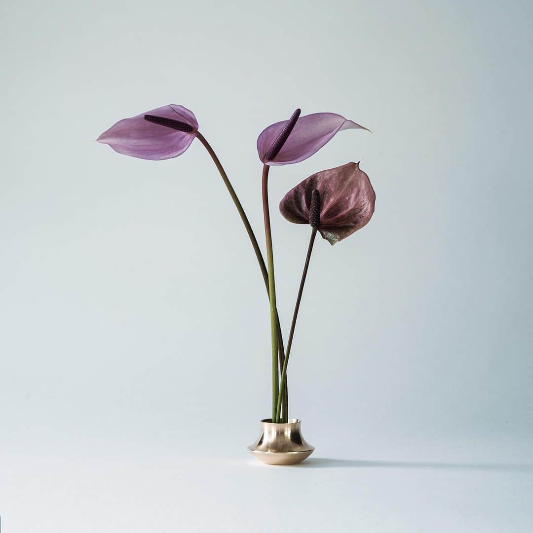 鈴木淳子のインスタグラム：「We created a tiny flower vase.  We aim to convey the Japanese culture of cherishing and admiring things through our designs.  Our love for gardening led to the idea of appreciating the artistry of plants, even in the smallest spaces, with a vase for single flowers or a single stem.  I chose brass as the material, focusing on sustainability, and found a factory in Aichi Prefecture that specializes in nearly 100% recycled brass to produce it.  KENZAN VASE gains character with each use and is designed for long-lasting use.  Available in two sizes that fit in women's hands: Garlic🧄 and Mushroom🍄.  In three beautiful brass finishes: Solid Brass, Satin Silver in a delicate white, and Oxidized Black with a soft sheen.  We're launching 6 vase designs on the 28th(JST)  To everyone living in New York, You can actually see it at the showroom. Please feel free to inquire. Stockist : E.R. Butler & Co. @erbutlerco   ——  Photo Akira Kitajima @edensputnik   ——  #KENZANVASE #DAKTEN #DAKTEN_collection」