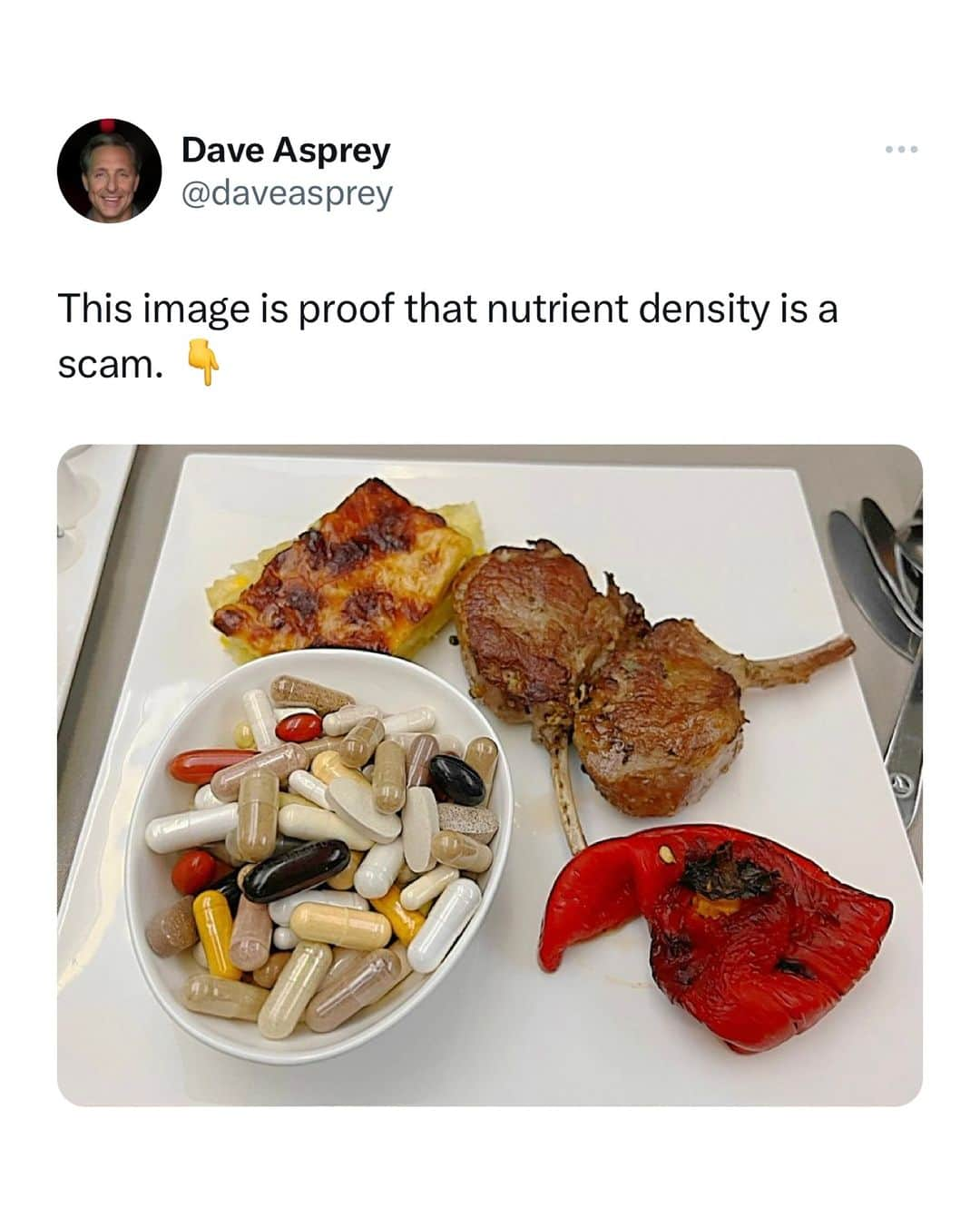 デイヴ・アスプリーのインスタグラム：「The most “nutrient dense” food is the pepper, even though it has far less total nutrients than everything else. That’s because “nutrient density” gives too much credit to food that has almost no calories (energy in it).   Compared to the calories, pepper has a lot of nutrients.  Compared to the lamb or supplements, it is a meaningless amount.  Look at your food like this:  Which has the least toxins?  Which has the most total nutrients?  Which has the amount of energy my body wants right now?  Nutrient density is a made up way to sell you cheap plant foods with no energy in them.   If you truly practiced nutrient dense eating, all you would ever eat is liver powder and supplements. Not kale!  #Biohacking #Biohacker #Biohacked #DaveAsprey #Nutrients」