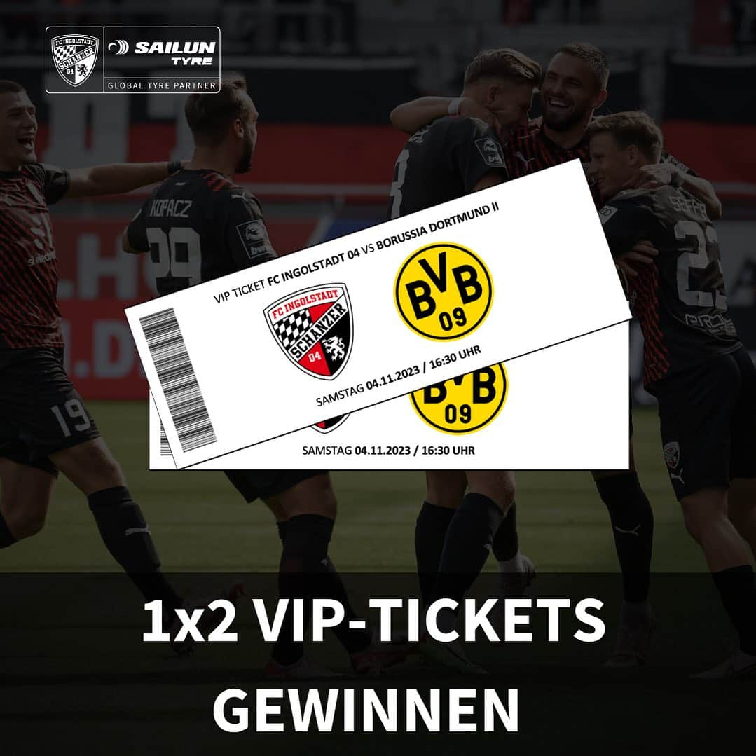 FCインゴルシュタット04のインスタグラム：「Gewinne VIP-Tickets für das Spiel FC Ingolstadt 04 gegen Borussia Dortmund II!⚽️🎉   Um am Gewinnspiel teilzunehmen:   🛞 Abonniere @sailun_deutschland und @dieschanzer  🛞 Like diesen Post. 🛞 Kommentiere unter diesem Beitrag, wen du gerne mit zum Spiel nehmen möchtest. 🛞 Für ein Extralos teile den Beitrag in deiner Story.  ______________ Dieses Gewinnspiel steht in keinerlei Verbindung zu Facebook oder Instagram und wird in keiner Weise von Facebook oder Instagram gesponsert, unterstützt oder organisiert. Teilnahmeberechtigt sind alle volljährigen Nutzer*innen mit einem Wohnsitz in Deutschland. Das Gewinnspiel läuft bis zum 30.10.2023 um 23.59 Uhr (Einsendeschluss). Der/die Gewinner*innen werden nach den o.g. Kriterien ausgewählt und per Direktnachricht informiert. Der Rechtsweg sowie eine Barauszahlung des Gewinns sind ausgeschlossen.  Achtung: Schütze dich vor Betrug! Nur die offizielle @sailun_deutschland Seite wird im Falle eines Gewinns mit dir Kontakt aufnehmen!   #sailun #sailunreifen #reifen #auto #autos #autoliebe #autoliebhaber #reifenwechsel #sommerreifen #fußball #sailungewinnspiel #gewinnspiel #schanzer #fcingolstadt04」