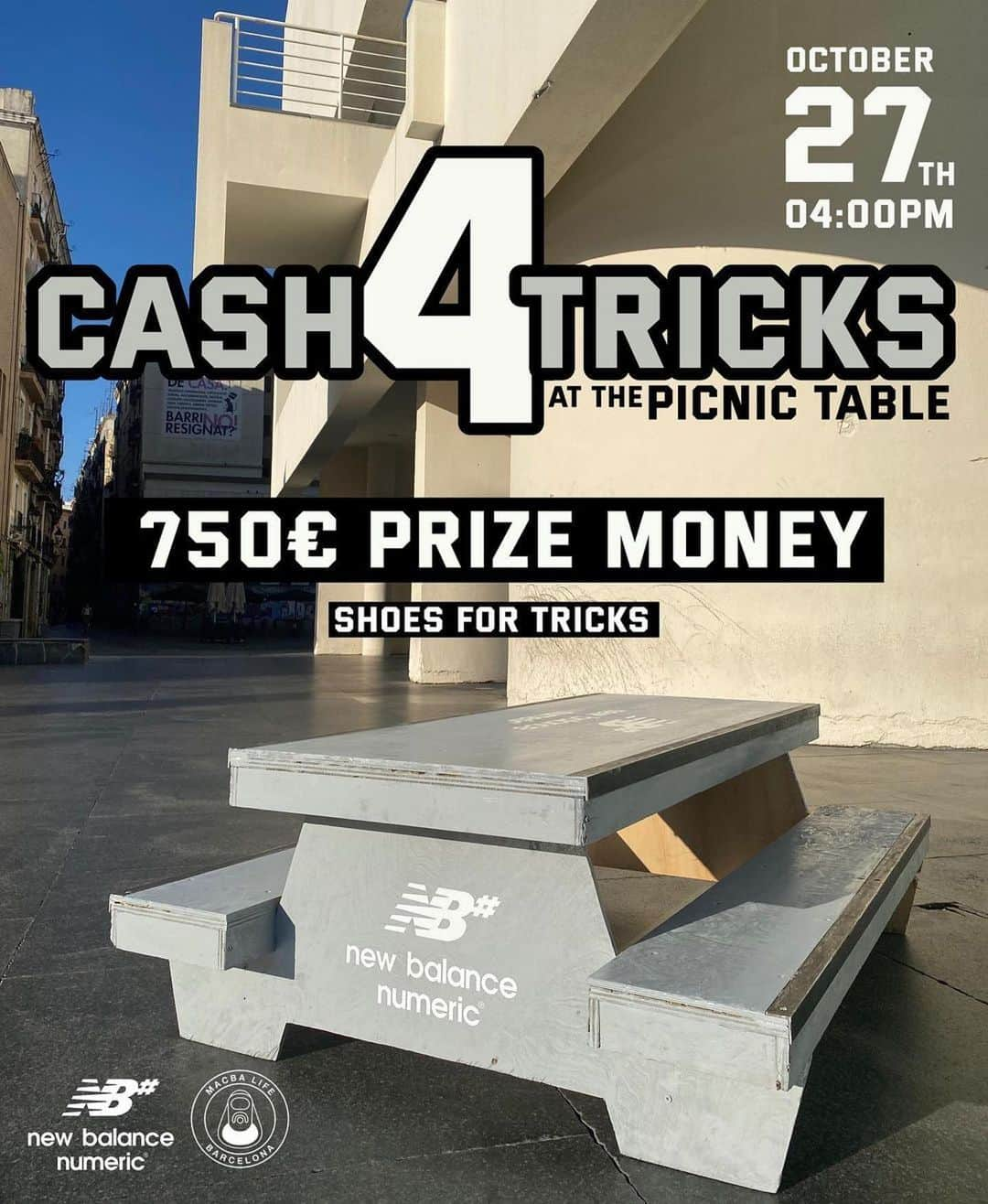 MACBA LIFEのインスタグラム：「THIS FRIDAY 🚨 4PM 🚨 SAVE THE DATE   @nbnumeric x @macbalife “cash for tricks at the picnic table”.  All invited!   💰750€ PRIZE MONEY 👟SHOES FOR TRICKS 🗓OCTOBER 27 🕒04:00 PM  @nbnumeric  @nbnumericiberia  #nbnumeric  #macbalife」