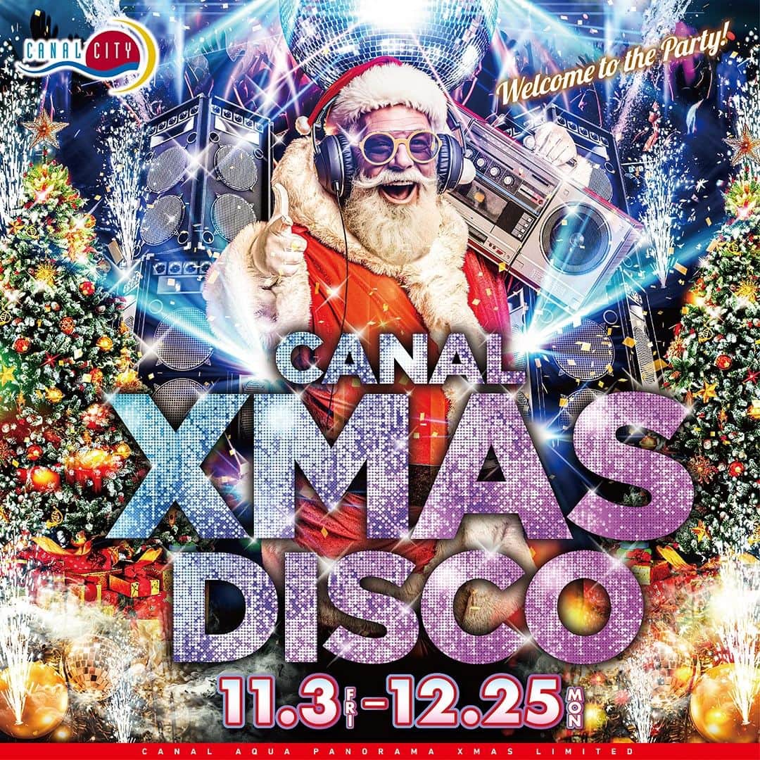 キャナルシティ博多のインスタグラム：「・ ＼今年もDJサンタが登場🎅／  11/3(金・祝)から期間限定アクアパノラマ「CANAL XMAS DISCO」を開催✨  今年もDJサンタが登場し、ミラーボールと照明でサンプラザステージがパーティ会場に変身します♪  定番のクリスマスソングをアレンジしたサウンドと、約2,500インチの大画面に映し出される映像が一体化したショーをお楽しみください😊  #canalxmasdisco #クリスマス #xmas #christmas #キャナルシティ博多 #キャナルシティ #canalcityhakata #canalcity #博多 #福岡 #hakata #fukuoka」