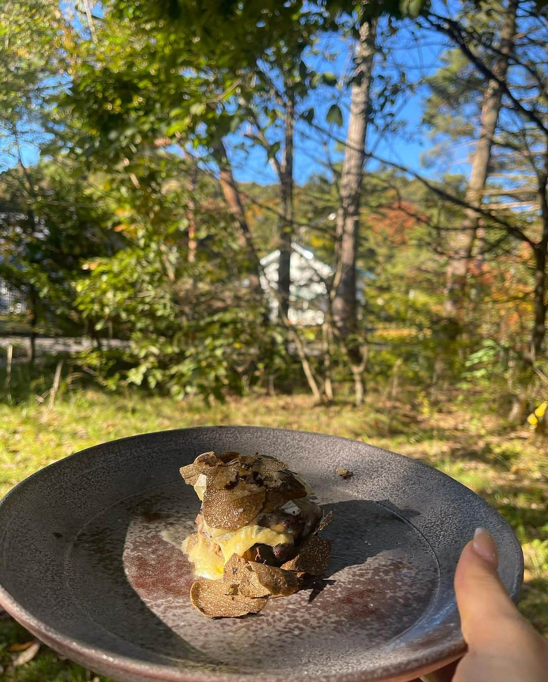 野崎萌香さんのインスタグラム写真 - (野崎萌香Instagram)「先日、エルブジ最後の日本人の料理人でもあり アマゾンの料理人として名を馳せる オオタ テツヤさんが手懸ける 年間50日営業の春と秋のみオープンする軽井沢の  幻のレストラン　ラ・カーサ・ディ・テツオ オオタへ🍽️ @tetsuo.ota   信州の山々から集めてきた大自然の命を 5時間ちかくの時間をかけて頂き、味わってきました🍂  オオタシェフが何日もかけて信州の山々から 命をかけて集めてきた今まで食べたことも 見たこともないキノコや、山菜たちとジビエ🍄  ひとつひとつの命にいただきますと思いながら、  シェフの一人一人への心温まる接客と  心のこもったお料理の数々最高でした！  最後の締めは野外に移動してビリヤニタイム…🍛  最高に美味しい時間🧑‍🍳✨🍛  そしてコーヒーと一緒に出てきた 今まで食べたキャラメルポップコーンの中で 33年間の人生一おいしかったポップコーン🌽  分厚いキャラメルコーティングされてるけれど 決して甘すぎない大人な味で、全てサクッサクッ🍿 こちらお土産にもってかえりました🩵  またいつか必ず行きたいなあ🌱、」10月25日 18時45分 - moeka_nozaki