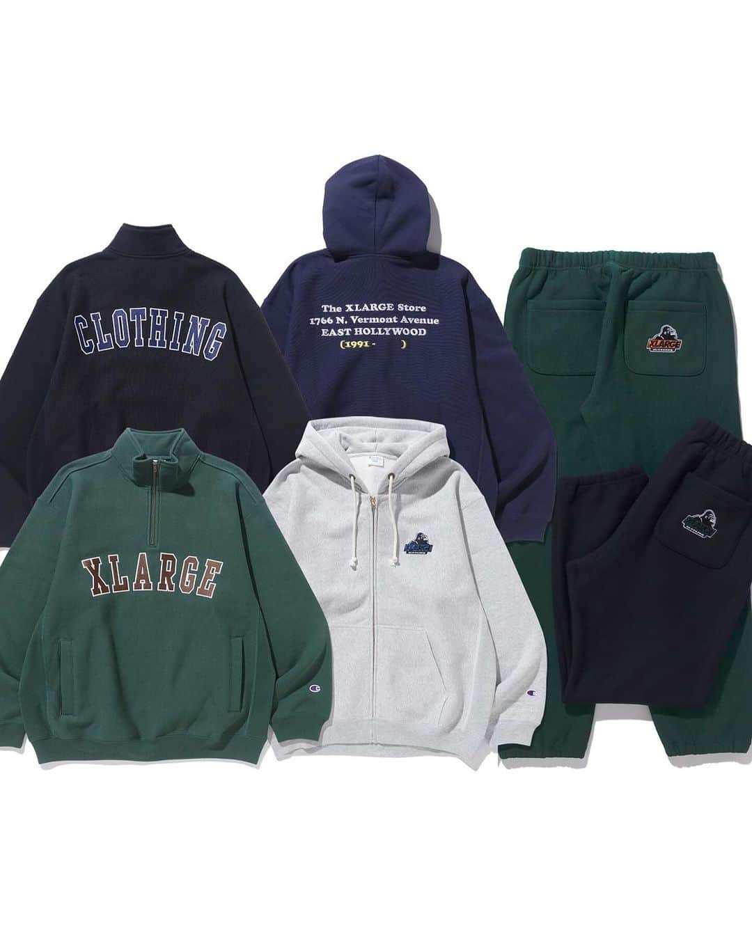 エクストララージのインスタグラム：「10.28.sat XLARGE×Champion  いつの時代も品質にこだわり、より良いモノづくりに挑戦し続けてきた「Champion(チャンピオン)」。 機能的なデザイン、耐久性、素材、縫製と言ったひとつひとつのディテールにこだわるクラフトマンシップは、現在も脈々と受け継がれ、「ザ・キング・オブ・スウェットシャツ」として親しまれ、多くのファンに愛用されている。  XLARGEは、これまでに幾度となくChampionとチームアップし、リレーションを築いてきた。 今最新作では、Championが誇る不朽の名作「REVERSE WEAVE®(リバースウィーブ)」の11.5oz裏起毛素材を使用したなめらかな肌触りのハーフジップスウェット、フルジップフードスウェット、スウェットパンツがラインナップ。  ハーフジップスウェットは、アーチ型のロゴ刺繡をフロントとバックに施したデザイン。 フルジップフードスウェットは、フロントにブランド初期に使用していたOLD OGゴリラロゴ刺繡と、バックにXLARGE STORE一号店舗のアドレスを刺繡で施し、スウェットパンツには、フルジップフードスウェット同様OLD OGゴリラ刺繡をバックポケットに施した。 着回しの利くアッシュとブラックに加え、クラシックな印象のグリーンとネイビーの4色を展開する。 日本国内のXLARGE、XLARGE/X-girl全店舗(※一部店舗除く)と、オンラインストア「calif」「ZOZOTOWN」にて、10月28日(土)より発売。  - XLARGE×Champion REVERSE WEAVE HALF ZIP PULLOVER SWEAT - XLARGE×Champion REVERSE WEAVE FULL-ZIP HOODED SWEAT - XLARGE×Champion REVERSE WEAVE SWEAT PANTS  Champion 1919年、ニューヨーク州ロチェスターで誕生し、優れた運動性能と耐久性を誇る、「スウェットシャツ」が米軍学校の訓練用ウェアに採用された。 以後、チャンピオンは、カレッジやプロのアスリート達に育てられ、全幅の信頼を獲得してきた。 常にアスリートの立場で考え、新しいものを追求する精神(=Champion 1st)をウェアに宿している。  REVERSE WEAVE® 1934年、ニューヨーク州ロチェスターでアスリートのためのウェアとして誕生以来、時を超え、世代を超えて愛され続けている不朽の名作。 生地を横向きに使用することで縦縮みを軽減し、サイドリブが横縮み防止と動きやすさを実現している。  詳細は、プロフィールリンクをクリック。 #xlarge #xlargejp #エクストララージ #champion #チャンピオン」