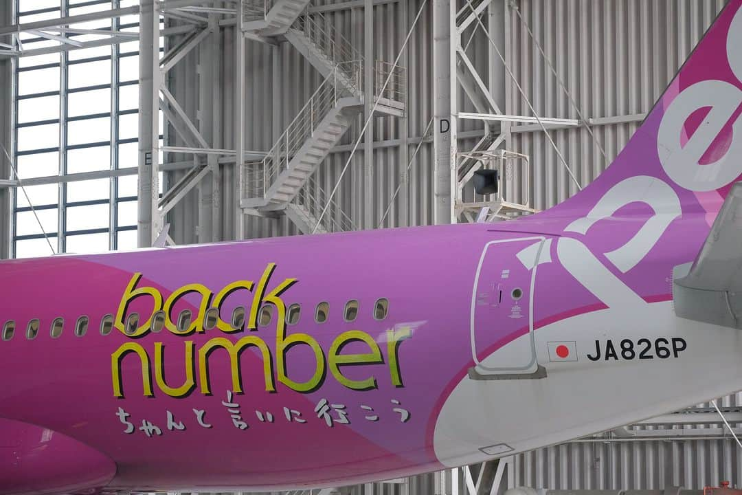 ピーチ・アビエーションのインスタグラム：「＼✨🛫ありがとう！back number ジェット🛫✨／  「back number ジェット」が10月10日をもって運航終了しました。 「ちゃんと言いに行こう」をテーマに、大切な人に直接想いを伝えようとするすべての人を応援したいという共通の想いのもと実現したコラボレーション。  back number メンバーのVo.Gt 清水依与吏さんによる手書きメッセージを施した「back number ジェット」は、約半年間にわたって日本、そしてアジアの空を結び、たくさんの方の「ちゃんと言いに行こう」を支えてくれました。  両者のコラボはフィナーレを迎えましたが、移動の制限がなくなり多くの方が直接会いに行ける環境になった今、ぜひみなさんの大切な想いを伝えにいってみてください💛  機材番号：JA826P 運航期間：2023年3月10日～10月10日 ★写真は、関西空港格納庫に帰ってきたback numberジェットです  #backnumber  #peach #flypeach #ちゃんと言いに行こう」