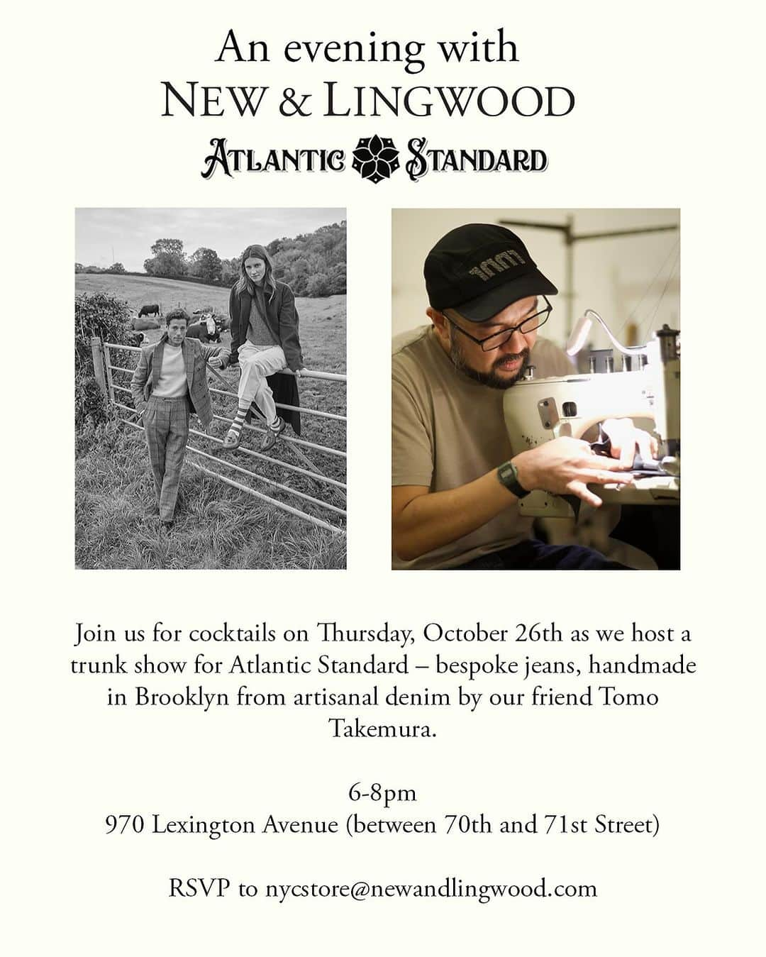 ニュー&リングウッドのインスタグラム：「Our New York location welcomes you to an evening of cocktails, music and an exclusive trunk show from @atlanticstandardbk, maker of bespoke jeans that are handmade in Brooklyn from artisanal denim.」