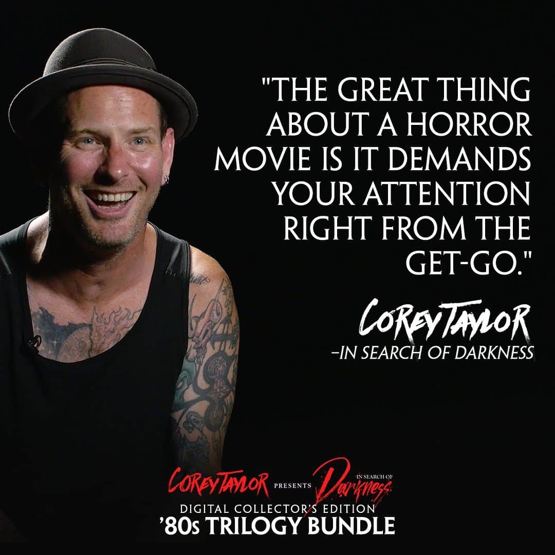 コリィ・テイラーのインスタグラム：「What's one 80s horror movie you can't turn away from?  Get your digital copy of the Corey Taylor In Search of Darkness Collector's Edition at 80shorrordoc.com/corey. Special price until Oct. 31! 👻」