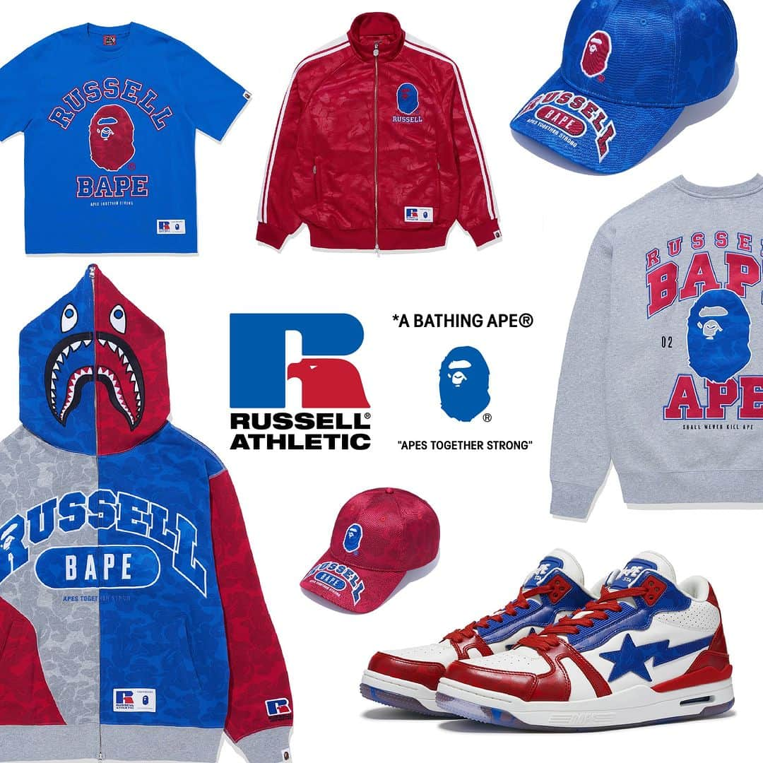 ア ベイシング エイプのインスタグラム：「A BATHING APE®︎(ア ベイシング エイプ)とRussell Athletic（ラッセル・アスレチック）の最新コラボレーションアイテムがBAPE.COM WEB STOREおよびA BATHING APE®正規取り扱い店舗にて発売中。  The BAPE® x Russell Athletic full collection will be available at BAPE STORE® and BAPE.COM onThe BAPE® x Russell Athletic full collection will be available at BAPE STORE® and BAPE.COM on#bapexrussellathletic Saturday, OCT 28th.  @russellathletic  #abathingape #bape #BAPExRussellAthletic」