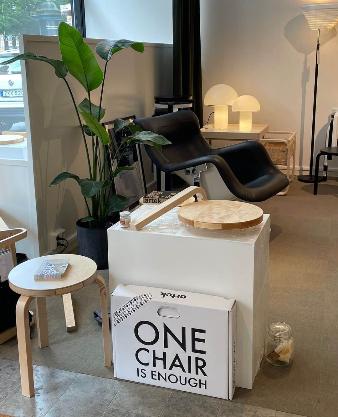 Artekのインスタグラム：「Stool 60 Loimu at @nordiskmobelkonst ✨  Thank you for sharing the images of your wonderful Stool 60 display.   Opening times:  Tuesday- Friday 11:00-18:00 Saturday 11:00-14:00  Address:  Östra Storgatan 37 553 21 Jönköping  If you are in Jönköping, swing by to check it out!」