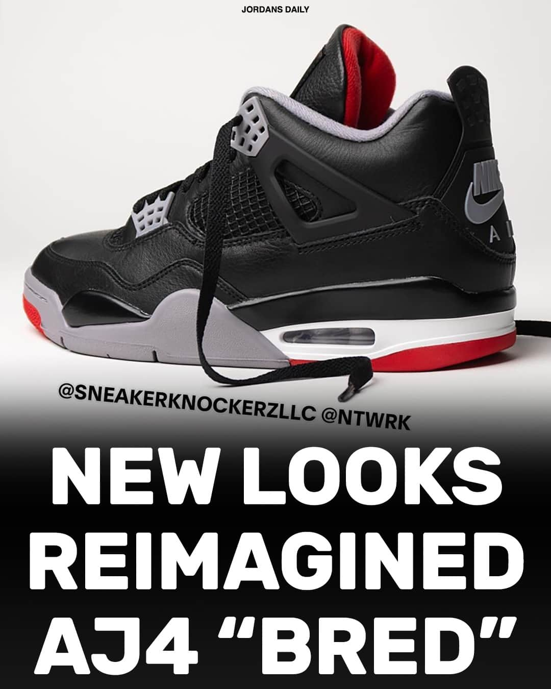 Sneaker News x Jordans Dailyのインスタグラム：「Best look yet at the Air Jordan 4 "Bred Reimagined" courtesy of @sneakerknockerzllc. Tap the link in the bio for more details on the Feb. 17th release!」