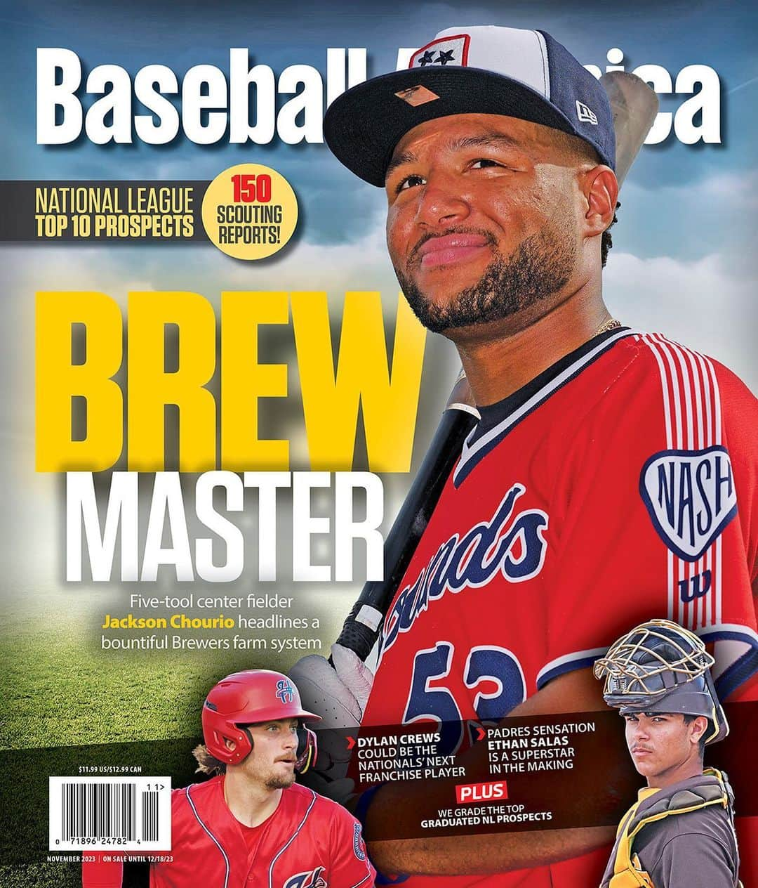 ミルウォーキー・ブルワーズのインスタグラム：「🚨 EXCLUSIVE FIRST LOOK. 🚨 Brewers mega-prospect Jackson Chourio is Baseball America's November cover athlete 👀  For the first time EVER, our November issue features Top 10 prospect rankings for every NL team. That’s 150 brand new scouting reports in all.  Hit the link in our bio to preorder the issue today!」