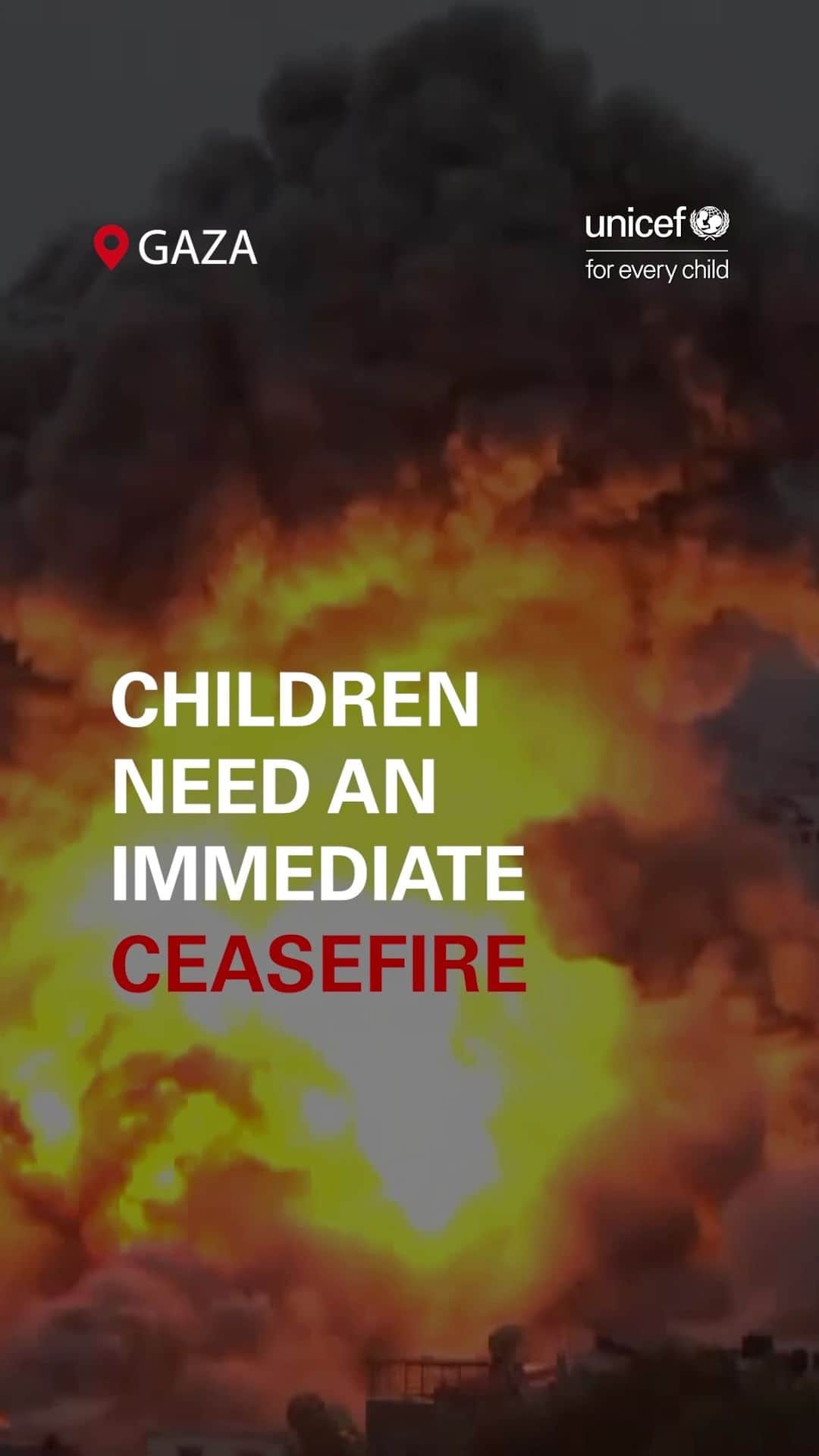 unicefのインスタグラム：「Children in Gaza have been hearing these ear-shattering sounds constantly for the last two weeks.  UNICEF is calling for an immediate ceasefire and for sustained and unimpeded access for humanitarian assistance.」
