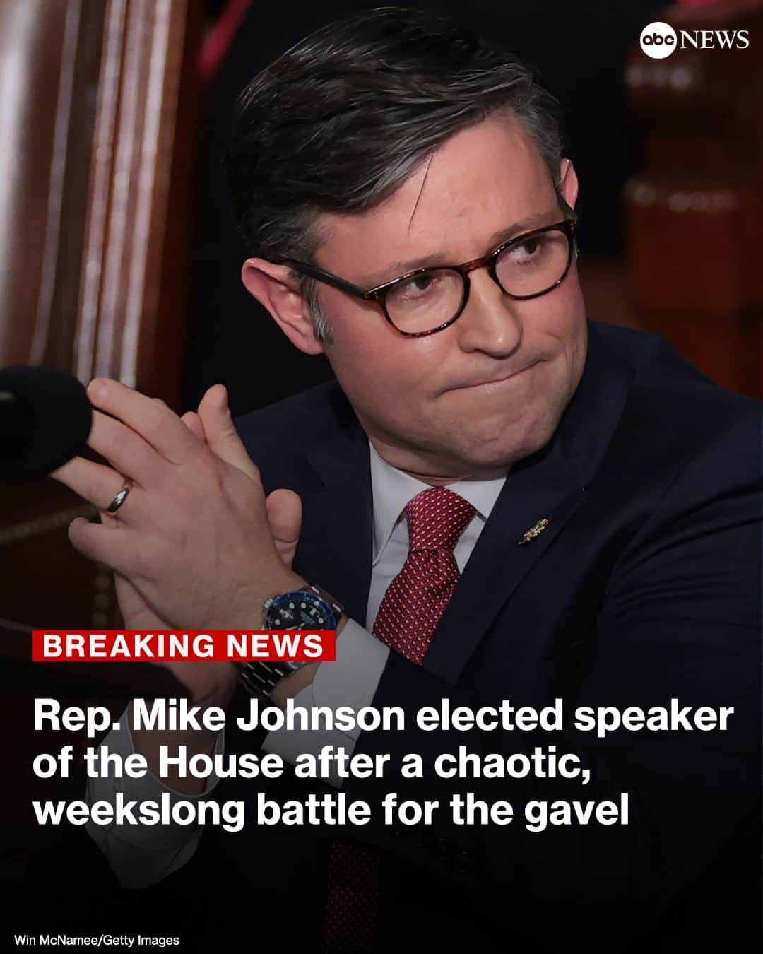 ABC Newsのインスタグラム：「BREAKING: Rep. Mike Johnson has been elected House speaker, winning over the majority of voting members in the chamber.  Read more at the link in bio.」
