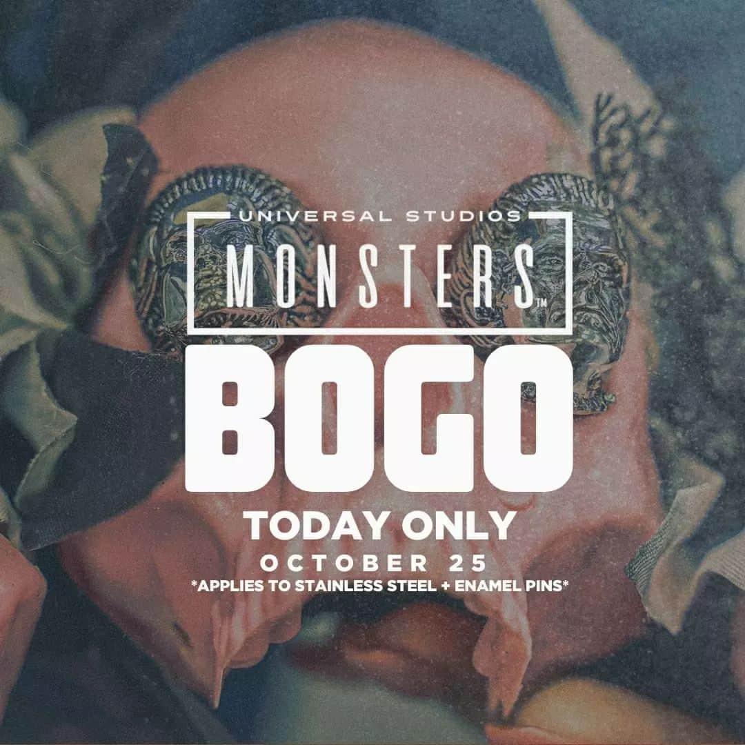 ハンチョロのインスタグラム：「BOGO TODAY ONLY  ⚡  Buy one piece of Universal Monsters Stainless Steel Jewelry and get a Universal Monsters Pin or Patch free! Discount applied in cart.」