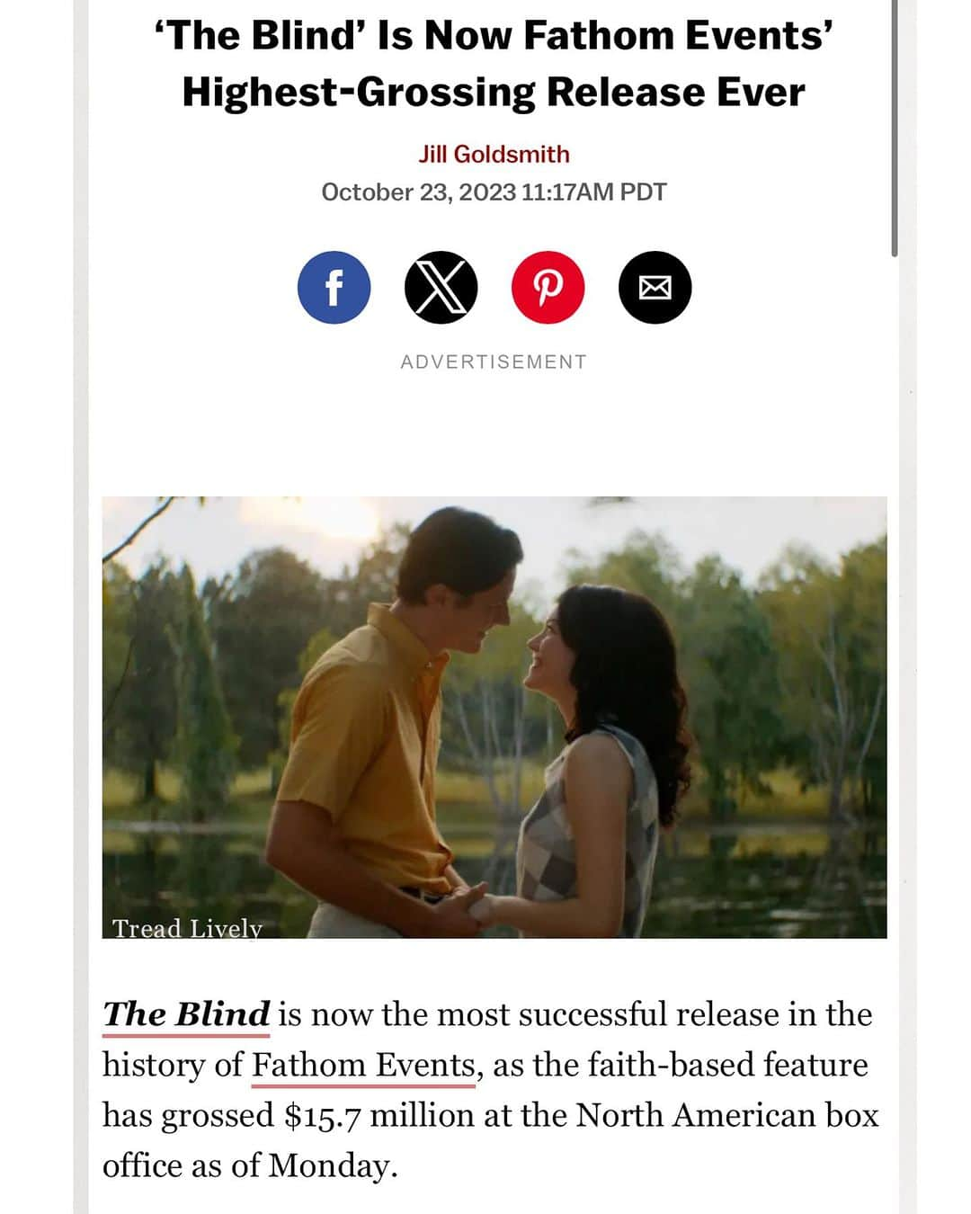 コリー・ロバートソンのインスタグラム：「Read the headline 🤗🎉🙌🏼Just posting to say THANK YOU!! You have made @theblindmovie Fathom’s highest grossing box office release ever! Proving once again that you want more of this….more movies and television that are raw and real, but also redemptive and hopeful, entertainment that lifts up rather than tears down, more stories of family and faith!   I want to thank every person who said yes to doing this movie with us! Trust me, it’s not easy getting something like this made and out into the world. Once you go through the work of making a movie, you see the credit scroll at the end in a whole different light…so much talent, creativity and hard work! I can’t tag everyone so you’ll just have to watch the credits, but here are a few that made this movie happen, and we are forever grateful! Blown away by this team and all of you!   @zach.dasher @andrewhyatt07 @chrisbstacey @coleprine @brittanysyost @drstephaniekatz @vmeliveve @aronvonandrian @matthewerickwhite @brielle_robillard @condorthrillman @aarondallavilla @grantdavids0n @jackassdog @nick.milone @ronanncarroll @scarlettabinante @kerryknuppe @o.k.stoopid @brasher_russell_official @sawyerjessemixon @christiansnell @w.j.odonnell @kassandra.deangelis @jacobdmayo @troy.duhon @realwilliebosshog and so many more!   We’re still in over 500 theaters through the weekend and then will be available on digital 11/3 and dvd 11/14! THANK YOU!」