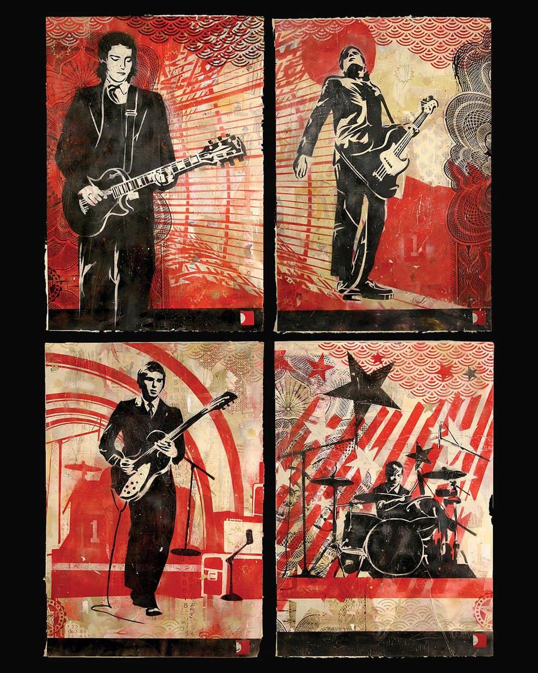 Shepard Faireyのインスタグラム：「Here's a throwback: artwork I made of @interpol in 2004. They are one of my favorite bands to come out in the early 2000s, and I approached Paul Banks, the singer, after their Coachella show in 2003 and told him I was a big fan and offered to do some artwork for them. We became friends, and eventually, he called me and said that Interpol was releasing a new record, and to promote the release, they didn't just want to throw a party; they wanted to have art spaces, and they wanted me to create artwork and curate the spaces. I illustrated some photos the band provided, made mixed-media art pieces, and finally deconstructed everything by showing the reference photos and the process along with the new pieces. It was a great project for their Antics album. –Shepard」