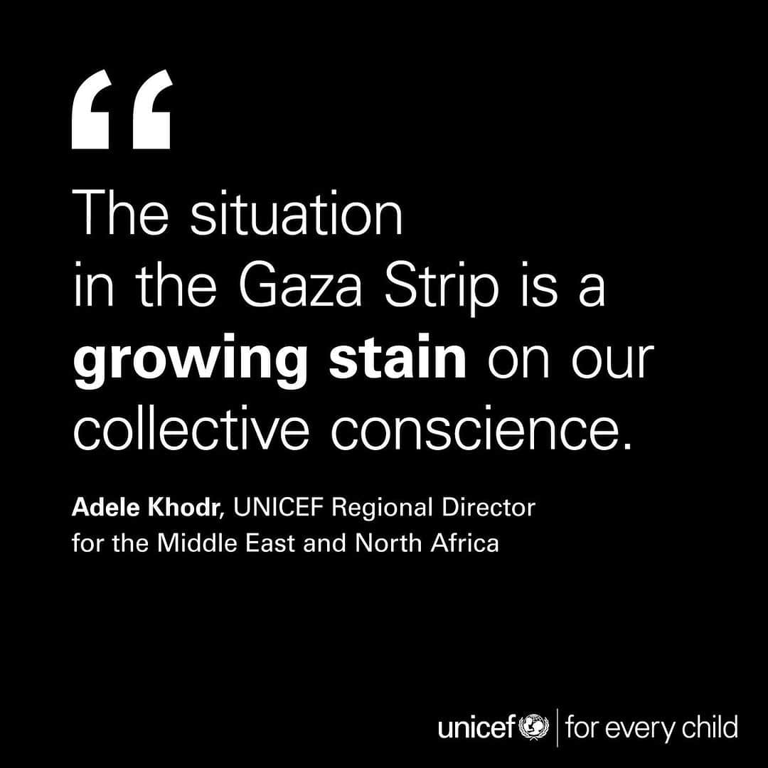 unicefさんのインスタグラム写真 - (unicefInstagram)「“The footage of children being rescued from beneath the rubble, injured and in distress, while trembling in hospitals as they await treatment, portrays the immense horror these children are enduring.  But without humanitarian access, the deaths from attacks could be the tip of the iceberg.”  Adele Khodr, UNICEF Regional Director for the Middle East and North Africa on the escalating crisis in Gaza.  While some UNICEF supplies of water, medicine and hygiene kits have reached Gaza, we have many more life-saving supplies ready and waiting.  We're calling for all access crossings into Gaza to be opened for a safe, sustained and unimpeded access of humanitarian aid, including water, food, medical supplies, and fuel.」10月26日 4時00分 - unicef