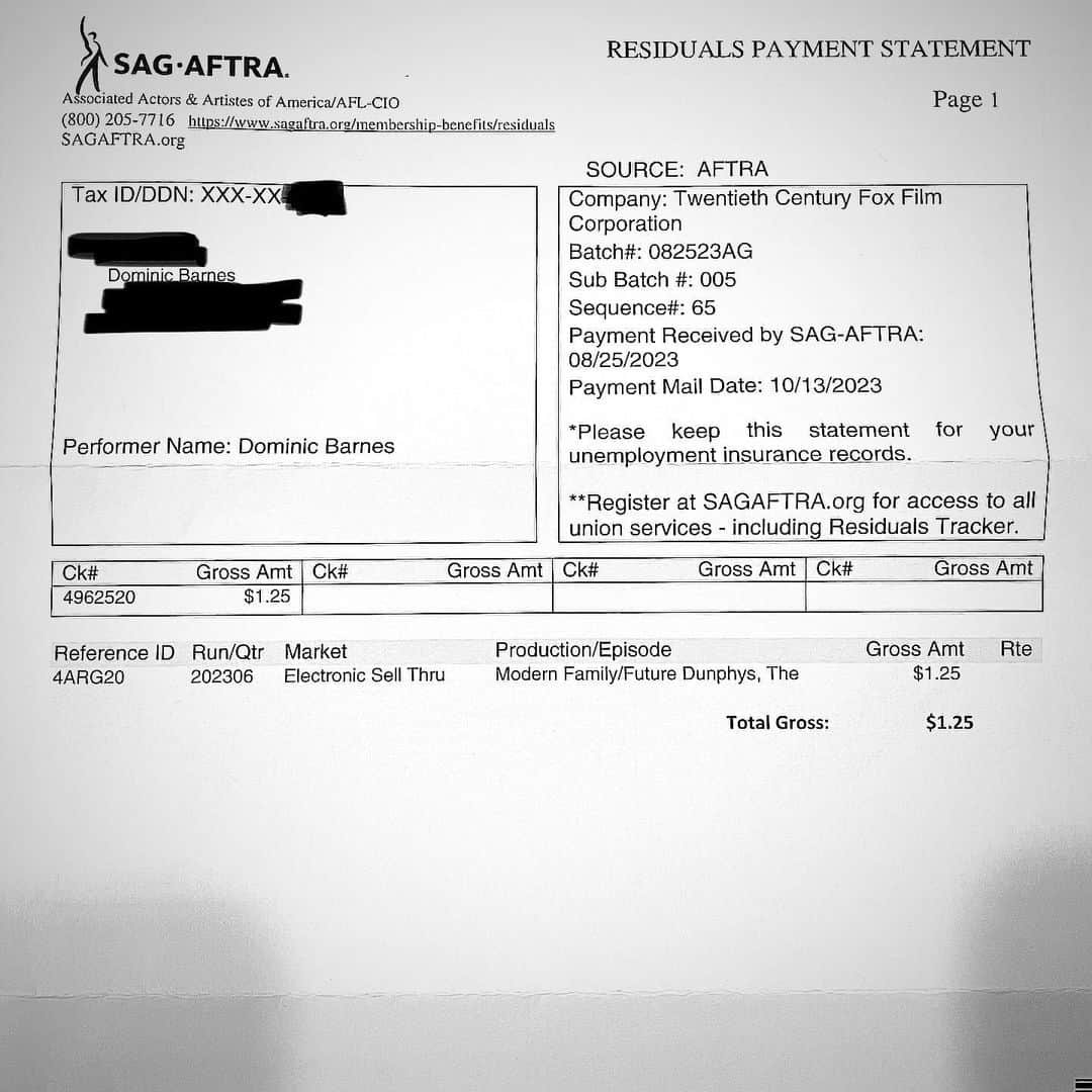 ドミニク・バーンズのインスタグラム：「This is the ridiculousness that we are fighting against. Electronic sell throughs of shows have made us as actors worth $1.25 BEFORE TAXES 😒 This is why I am #sagaftrastrong We need to fight for our worth. #100 days. @sagaftra 🖤💛🖤💛🖤」