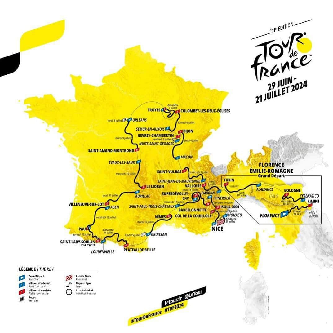 ヴィンチェンツォ・ニバリのインスタグラム：「Ed ecco a voi il Tour 2024 che partirà dall’Italia.  Lo sapevate? Cosa ne pensate…..  #tourdefrance #italy #tour #yellow #start #cycling #france」