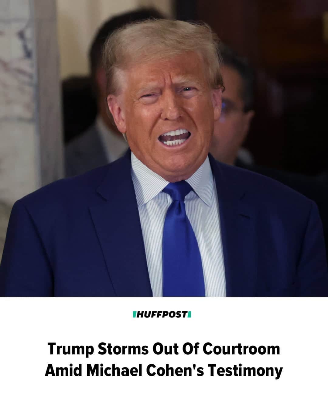 Huffington Postのインスタグラム：「Donald Trump stormed out of the courtroom on Wednesday amid testimony from his former attorney Michael Cohen in a New York civil fraud trial concerning the Trump Organization.  The former president’s Secret Service agents were caught off-guard and chased after him as he abruptly left the room, according to reporters who were present.  Trump exited the courtroom shortly after Cohen admitted that Trump had never asked him to inflate the numbers on his financial statements.  Once outside, Trump declared to reporters before walking away: “The witness just admitted that we won the trial. And the judge should end this trial immediately.”  Read more of the developing story in the link in bio. //🖊Lydia O’Connor //📷Getty Images」