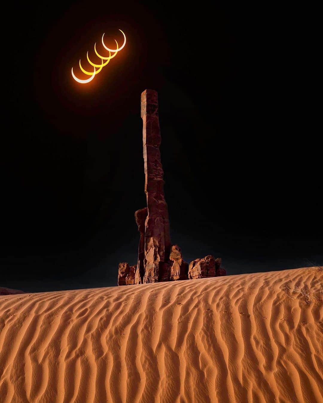 Ricoh Imagingのインスタグラム：「Annular eclipse of October 14, 2023. These eclipse composites will upset landscape purists, but I will note that all the eclipse images in the sky were taken above these very same sandstone spires, the ‘Totem Poles’ or Yei Be Chi of Monument Valley, Arizona. The landforms were shot in earlier years. I created these composites in the spirit of cosmic surrealism and documentary infidelity, and to freely play with elements of Nature. . . 📸: @kerrickjames5  Eclipse Images 📸: K-1 Mark II & K-3 Mark III Lenses: #pentax_dfa70210 #pentax_da1650plm . . #pentax  #pentax  #pentaxian #ricoh #ricohimaging  #lifeonthewater #pentaxphotography #pentax #shootpentax #Arizona  #moon #eclipse #moonlovers #ricohpentax #pentax70210 #pentaxk1mkii #pentaxians #teampentax」