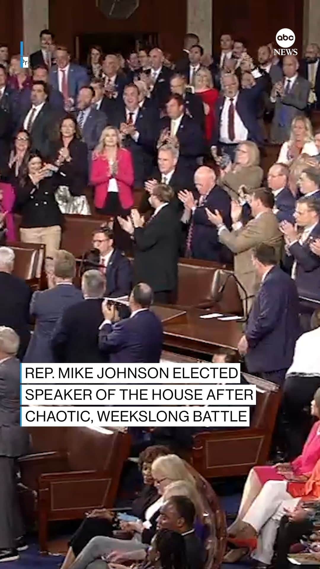 ABC Newsのインスタグラム：「Rep. Mike Johnson has been elected as the 56th speaker of the House. Unlike in previous ballots, every single Republican voted for him, giving him 220 votes.  Speaker Johnson took the oath of office and a victory lap upon formally clinching the speaker's gavel, calling on the passage of conservative priorities while also emphasizing bipartisanship.  Read more at the link in bio.」