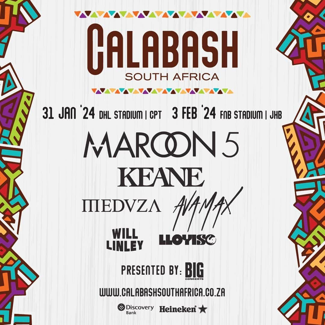 Maroon 5のインスタグラム：「We’re excited to be back to South Africa for two shows next year!   Pre-sale: Wednesday, Nov. 1 at 9 am local time.   Public on sale: Friday, Nov. 3 at 9 am local time.」