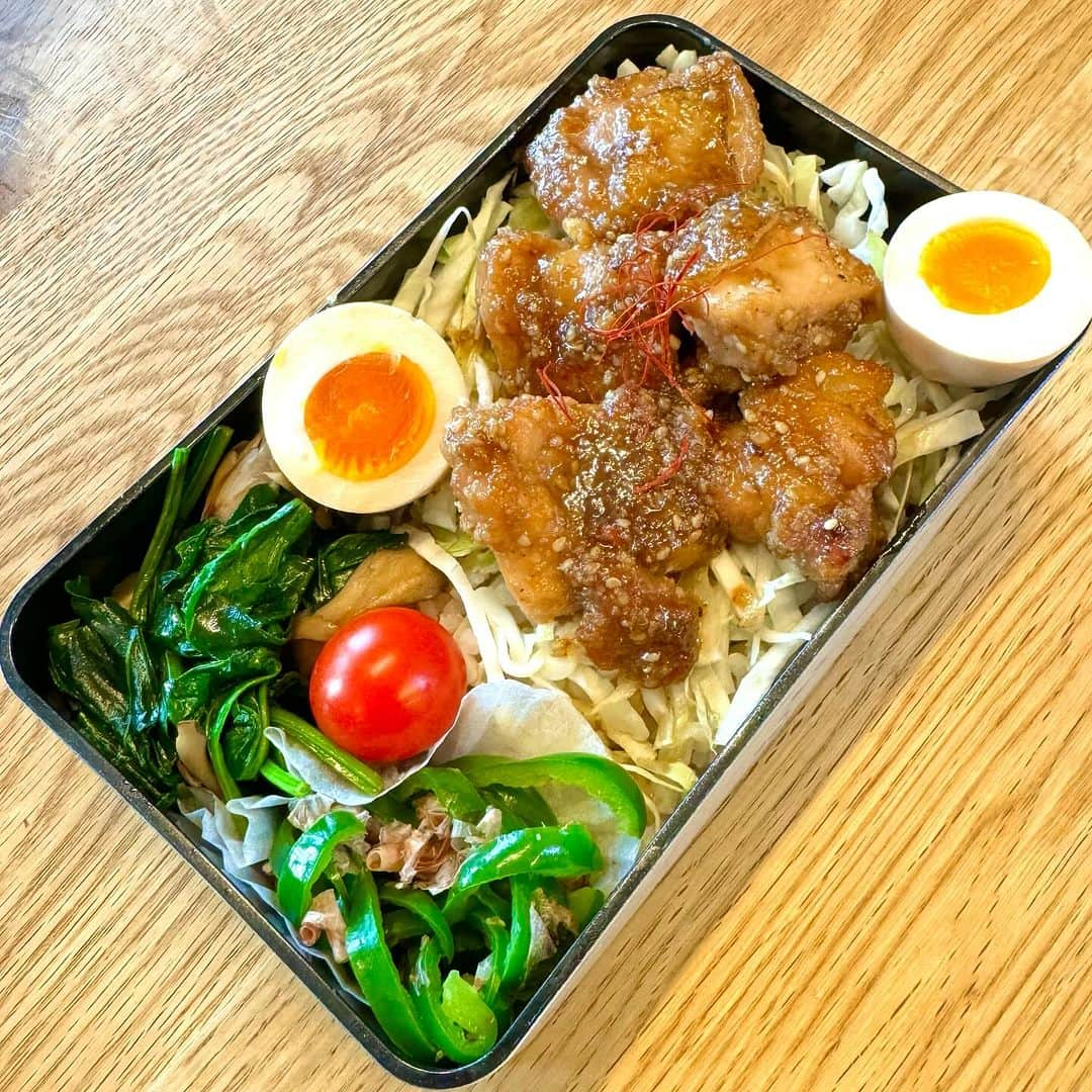 おちあやこのインスタグラム：「今日の夫弁当。  鶏モモを甘辛く焼きました  ご飯の上に千切りキャベツをしいて乗っけてます  味玉 ほうれん草と舞茸のバター醤油 おかかピーマン  です。  娘が前髪にこだわりだした。  私が毎朝髪を結んであげるんだけど、 前髪触ったら せっかく可愛くしたのに触らんで！  って言われた。  私が小学生の頃は、前髪は寝癖がついたままの 前のめりな感じで登校してたで？  なんなら、高校の時もそんなんやったけど？  大人やな。  #今日の夫弁当 #今日のお弁当 #お弁当 #弁当記録 #あと10日」