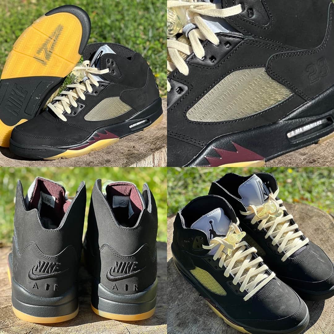 Sneaker News x Jordans Dailyのインスタグラム：「DETAILED LOOK at the A Ma Maniere x Air Jordan 5 in "Black." These are expected to release on Nov. 22nd -- COP or PASS!? For more details as well as a closer look, hit the link in the bio!」