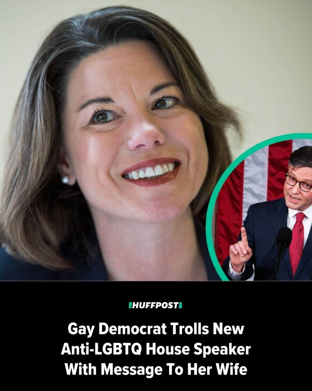 Huffington Postのインスタグラム：「Rep. Mike Johnson (R-La.) was just installed as the new House speaker, and he’s already getting trolled for his anti-LGBTQ+ views by one of his Democratic colleagues.  Although Johnson was elected by a party-line vote of 220 to 209, Democrats chose to nominate House Minority Leader Hakeem Jeffries (D-N.Y.) as the speaker — and one of them made it personal.  When it came time for Angie Craig (D-Minn.) to voice her choice, she used the occasion not only to vote for Jeffries for the top role, but to pay tribute to a top person in her life: her wife, Cheryl.  Watch the glorious moment at our link in bio. // 📷 Getty Images // 🖊 David Moye」