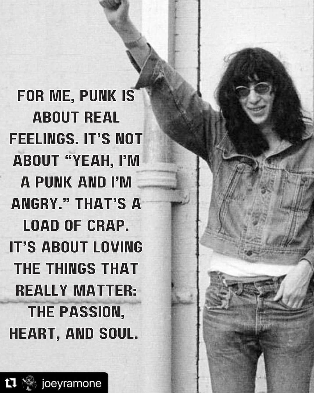 レイチェル・ボランのインスタグラム：「#Repost @joeyramone ・・・.  Today is #PunkForADay Day, honoring the punk movement! Joey Ramone was a pivotal figure in the punk rock movement and left a lasting legacy through his contributions to the punk community. Joey's distinct voice and energetic stage presence, combined with the Ramones' iconic leather jackets and shaggy hair, became emblematic of punk aesthetics. Their short, high-energy songs with three-chord structures, often featuring humorous and rebellious lyrics, defined punk music and solidified their status as punk legends.  #JoeyRamone #PunkHistory #Ramones #PunksNotDead #PunkRock #PunkForLife」