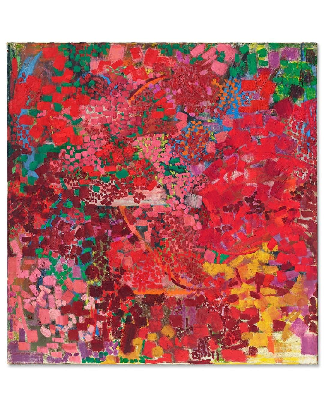 クリスティーズのインスタグラム：「Lynne Drexler’s ‘Flowering Judas 2’  In this stunning canvas, Abstract Expressionist painter Lynne Drexler creates a colorful world full of light and movement. Referencing the beautiful pink blossoms of the redbud tree, ‘Flowering Judas 2’ delights in the artist’s signature patchwork brushstrokes in a symphony of jewel-like tones running the gamut from scarlet red to cerulean blue to canary yellow. Painted in 1960, just one year before her solo exhibition at the Tanager Gallery in 1961, this iconic early painting represents a seminal moment in her career that is most celebrated today.   Learn more about the work via our LinkinBio!  20th Century Evening Sale | New York | 9 November」