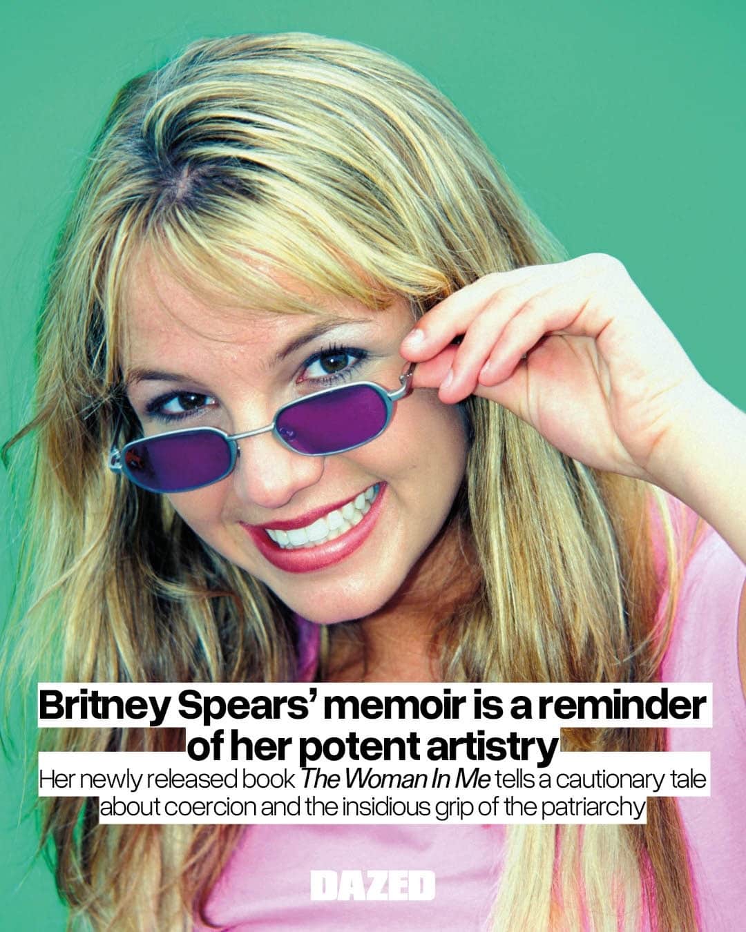 Dazed Magazineのインスタグラム：「“I wasn’t good – I was great.”⁠ ⁠ These were the words uttered by @britneyspears during her now infamous statement to Los Angeles probate judge Brenda Penny in June 2021, during which she recounted the 13 years of alleged abuse she had suffered during the conservatorship.⁠ ⁠ Spears was speaking about her output in rehearsals for a cancelled Las Vegas Residency, Domination, a residency she had no desire to do but was forced to prepare for regardless. And while Spears shared far more shocking and upsetting details during her testimony, for many fans, it was these words that calcified.⁠ ⁠ This phrase resonated once again while reading Spears’ highly anticipated memoir The Woman In Me. Pre-publication, and thanks to early leaks, a lot has been made of the book’s revelations regarding Spears’ relationship with Trolls fan Justin Timberlake, as well as the troubling family dynamics that ultimately led her to become a prisoner in her own life.⁠ But by simply plucking out the salaciousness you risk obscuring, and undermining, the narrative Spears is trying to tell: a cautionary tale about coercion, misogyny, control, exploitation, and the insidious grip of the patriarchy.⁠ ⁠ Read more about #BritneySpears’ book through the link in our bio 🔗⁠ ⁠ 📷 Larry Marano via Getty Images⁠ ✍️ @alimkheraj」