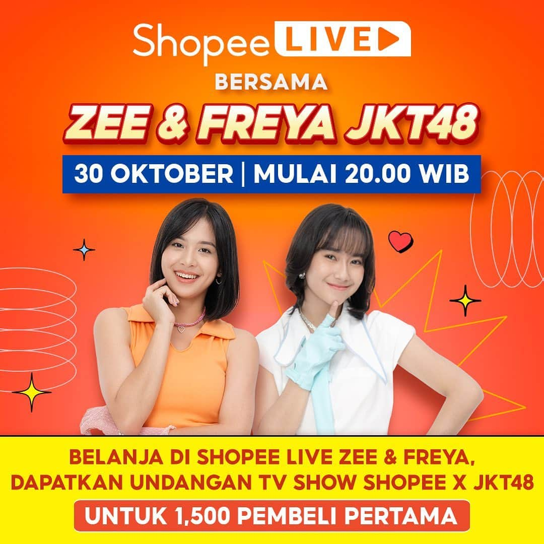 シャニア・グラシアのインスタグラム：「Hello Fans JKT48 & Sobat Shopee!! Ada yang seru nih dari Zee & Freya!!  Mereka mau ajak kalian seru-seruan di sesi Shopee Live perdana mereka hari Senin 30 Oktober jam 8 malam WIB!! Nah.. buat 1,500 pembeli pertama dengan min. pembelian Rp100,000 di sesi Shopee Live Zee & Freya bisa dapetin undangan nonton live performance JKT48 di TV Show Shopee 11.11!!  Ditonton yah guys biar @jkt48.zee sama @jkt48.freya ga ngambek 🤏🏻🤭」