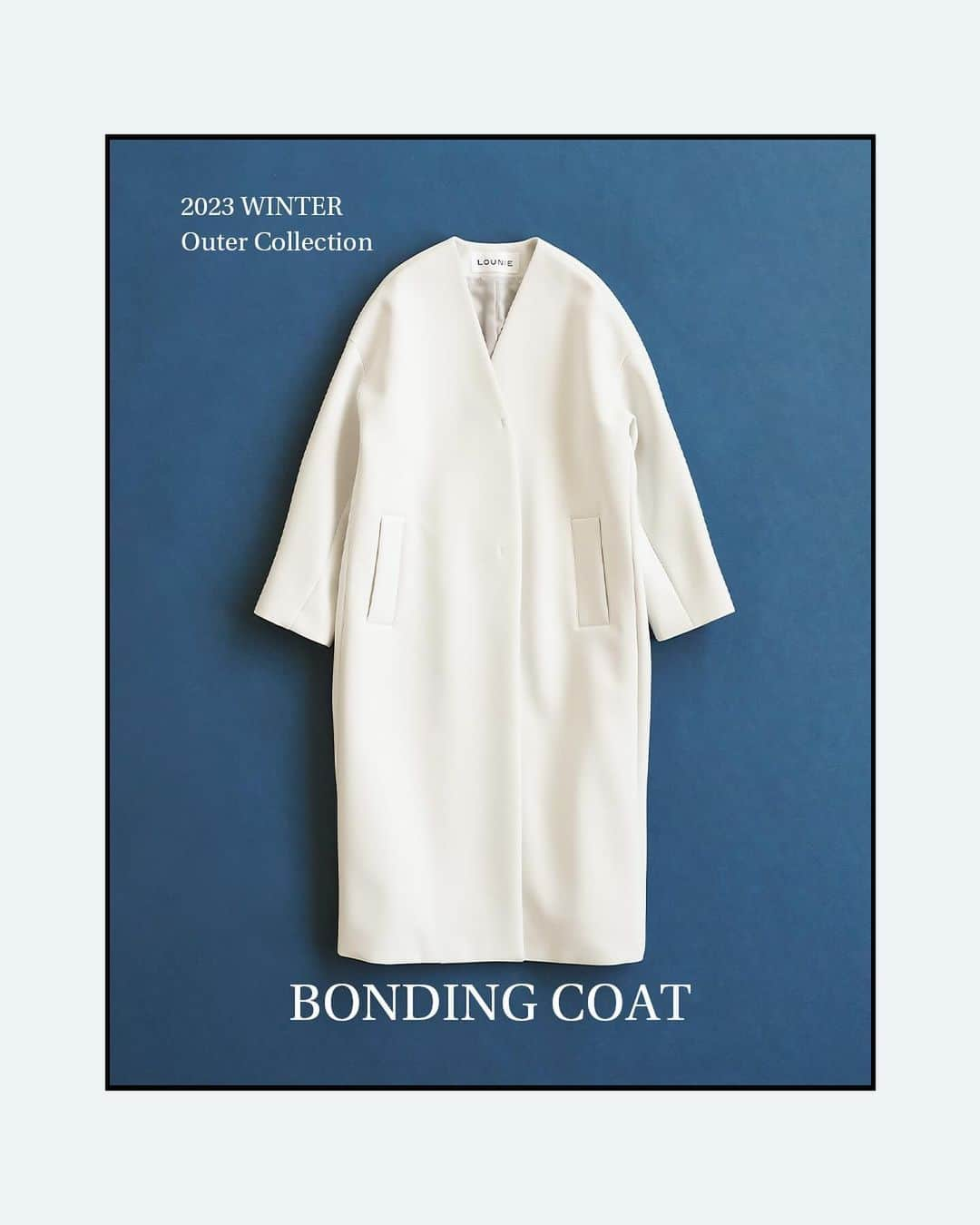 LOUNIE（ルーニィ）のインスタグラム：「_08 BONDING MATERIAL LONG COAT  春先まで着られる色合い＆素材感。 合わせに困らない 万能ノーカラ―コート  ジャケットの上にコートを着て、 いつものコーデをスタイリッシュに。  📌OUTER FAIR 10/20(金)～11/12(日)の期間中 対象アウターもしくは44,000円以上お買い上げで 「オリジナルスパンコールポーチ」をプレゼント。 ※なくなり次第終了となります。  #LOUNIE#ルーニィ  #ロングコート#コートコーデ #ボンディング #きれいめコーデ #通勤コーデ  #ノベルティフェア」