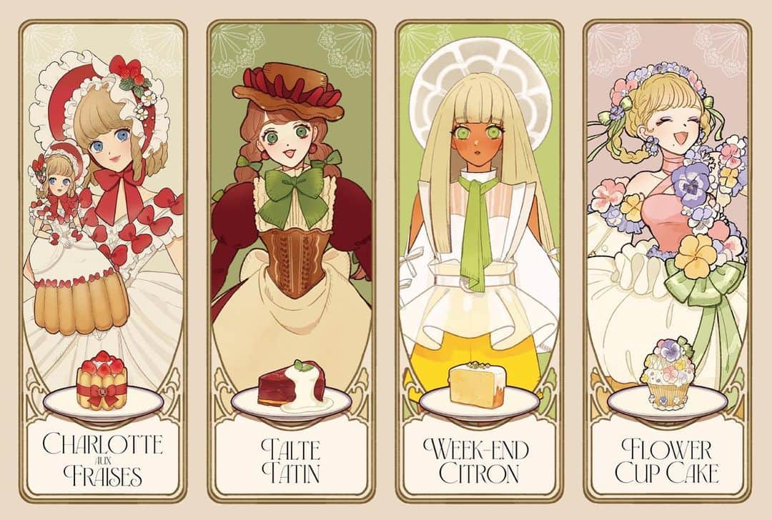 みーこのインスタグラム：「🍓🍎🍋💐  #イラスト #イラストグラム #イラストレーター #女の子 #ケーキ #ドレス #illustration #cake #girl」