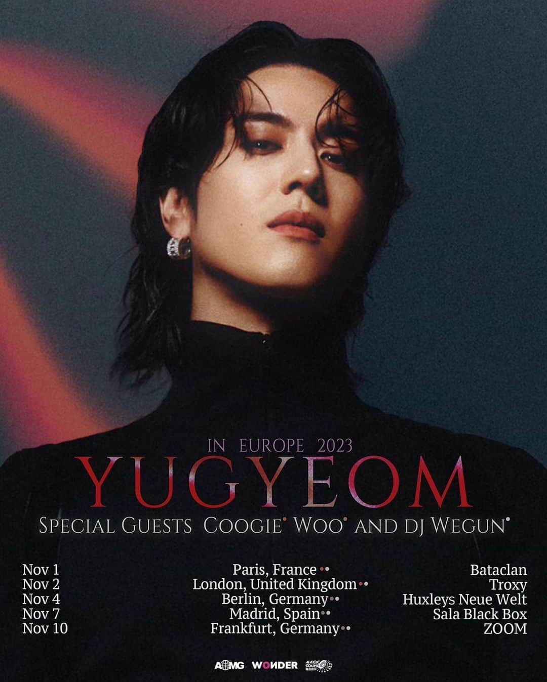ユギョム のインスタグラム：「[유겸 (YUGYEOM), 쿠기(Coogie), 우원재(Woo), DJ Wegun (DJ 웨건)] YUGYEOM IN EUROPE 2023  We got Coogie, Woo and DJ Wegun as a special guest in Europe!  TIX.TO/YUGYEOMEUROPE2023  <Tour Dates> (Coogie, DJ Wegun) Nov 1st: Paris, Bataclan Nov 2nd: London, Troxy  (Woo, DJ Wegun) Nov 4th: Berlin, Huxleys Neue Welt Nov 7th: Madrid, Sala Black Box Nov 10th: Frankfurt, ZOOM  @yugyeom #유겸 #YUGYEOM @coogie #쿠기 #Coogie @munchinthepool #우원재 #Woo @djwegun #DJWegun #DJ웨건 #YUGYEOMinEurope2023 #AOMG」