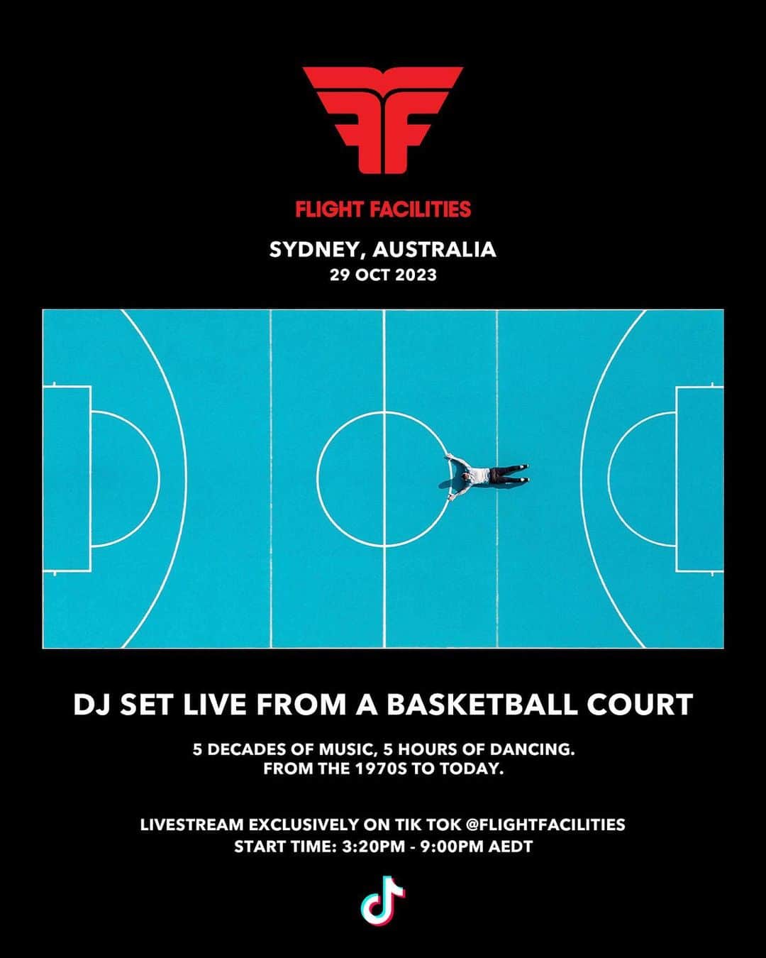 Flight Facilitiesさんのインスタグラム写真 - (Flight FacilitiesInstagram)「Playing a Decades set on a basketball court ⛹🏽‍♂️ 5 Decades of Music. 5 Hours of Dancing. From the 1970s to Today.  Worldwide Livestream Exclusively on TikTok @ flightfacilities This Sunday. Tune in.  START TIME:  SYDNEY 3:20PM LA 9:20PM BERLIN 6:20AM NYC 12:20AM TOKYO 1:20PM LONDON 5:20AM」10月26日 11時06分 - flightfac
