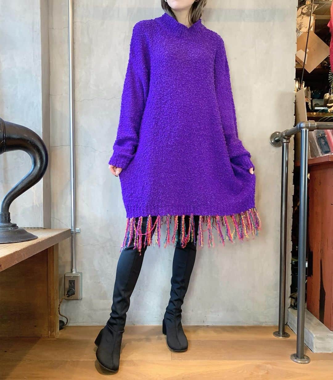 birthdeathのインスタグラム：「New Arrival  80's Colorful fringe purple knit dress  🦋オンラインストアに掲載中です。  #birthdeath #vintage」