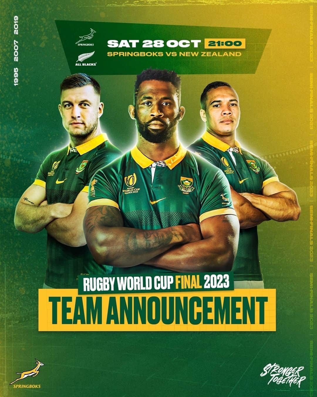 ラグビー南アフリカ代表のインスタグラム：「The #Springboks team for the #RWC2023 Final against New Zealand in Paris on Saturday - full story at the link in our bio 🇿🇦 #StrongerTogether」