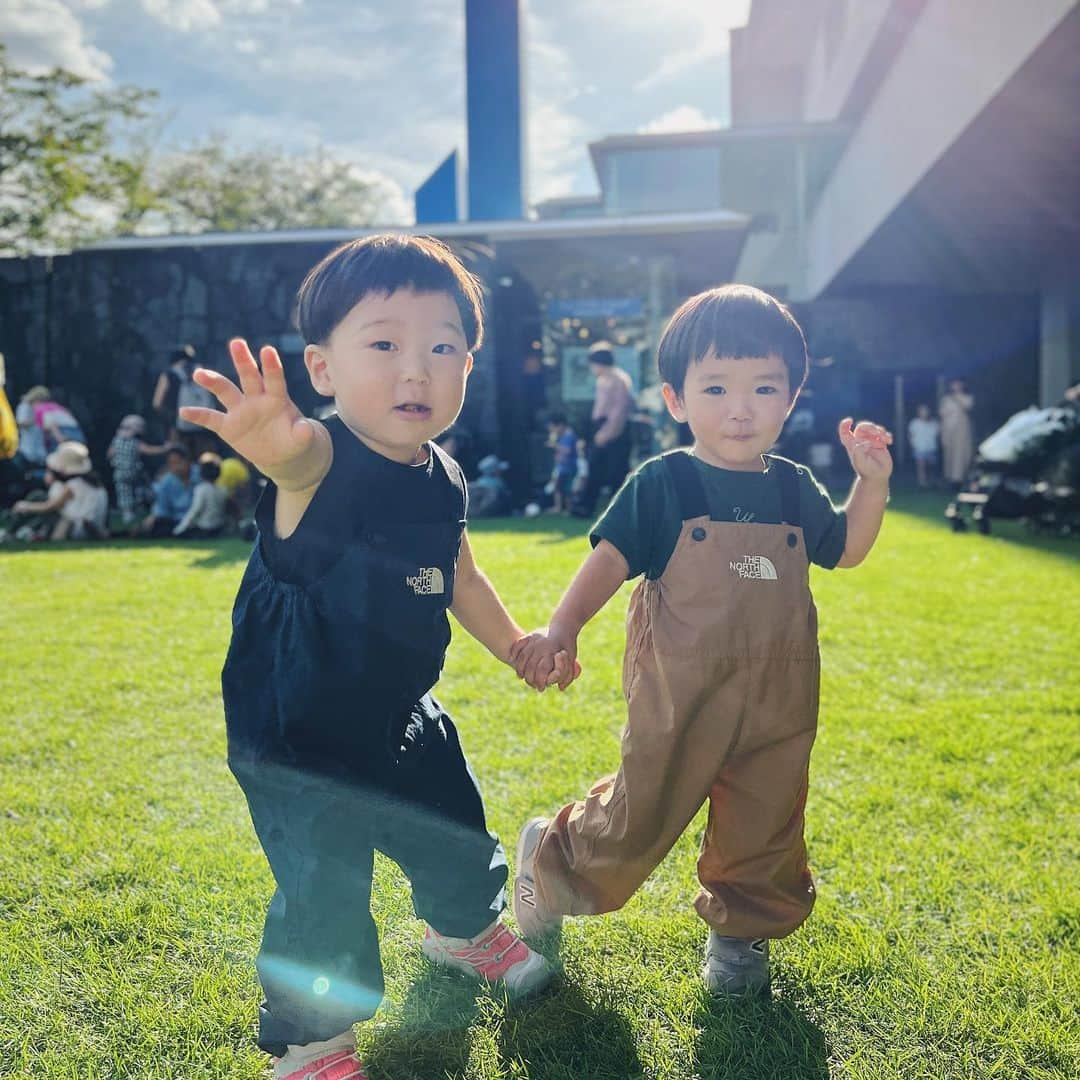 石野千尋のインスタグラム：「Family day @momat_museum 🎨 Best friends 🩵💚 Happy birthday @noconocoyuki boy 👦   東京国立近代美術館でのFamily day #こどもまっと にみんなで行ってきた日の1枚。子連れで美術館を楽しめるとても貴重な機会、ワーワーと大変だったけどそれも許される日で助かりました！いろんなアート作品を見て子どもたちは何かを感じたかな？  生まれた時からずっと一緒、保育園も同じクラス。なんなら週末も一緒に遊ぶから週7で母ちゃんたちより一緒にいる 2人 ！@noconocoyuki ボーイ2歳のお誕生日おめでと🎁  #bestfriends #bbf #babyboy #kidsfashion #northface #kidsstyle #kidsactivities #こどもまっと #momat」