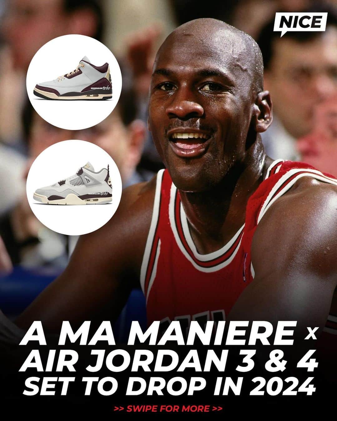 Nice Kicksのインスタグラム：「A Ma Maniére “Burgundy Crush” AJ3 + AJ4’s set for Fall 2024 👀🥀  (via @zsneakerheadz & @sneakerfiles)」
