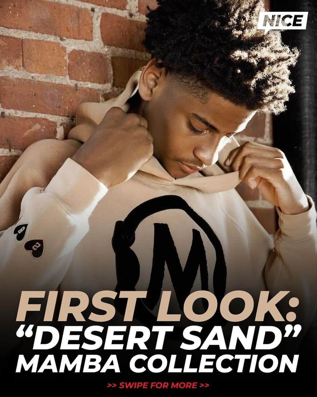 Nice Kicksのインスタグラム：「Kiyan Anthony models the new “Desert Sand” Mamba & Mambacita collection 🐍🏜️  Full collection: Socks: $20.08 Tee: $65.08 Sweatshirt: $150.24 Sweatshirt/pants set: $224.08」