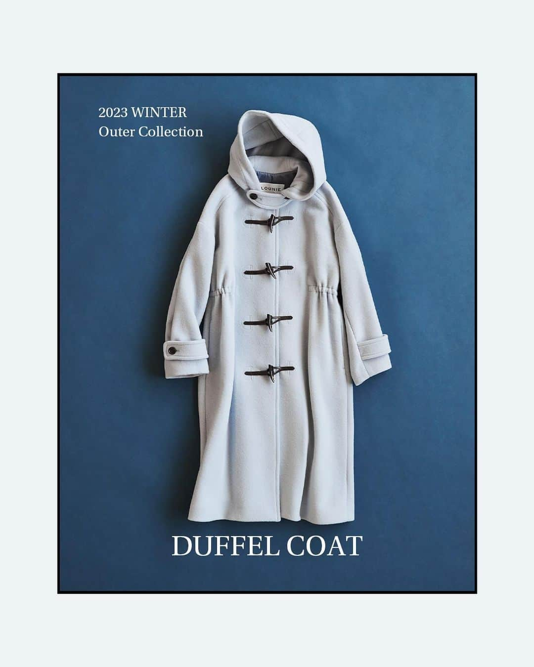 LOUNIE（ルーニィ）のインスタグラム：「_09 DUFFEL COAT  ニュアンスカラーで 上品カジュアルなダッフルコート  ウエスト内側の紐を調整し、ウエストマークをすることで メリハリシルエットに。  📌OUTER FAIR 10/20(金)～11/12(日)の期間中 対象アウターもしくは44,000円以上お買い上げで 「オリジナルスパンコールポーチ」をプレゼント。 ※なくなり次第終了となります。  #LOUNIE#ルーニィ  #ダッフルコート#コートコーデ  #きれいめコーデ #通勤コーデ  #ノベルティフェア」