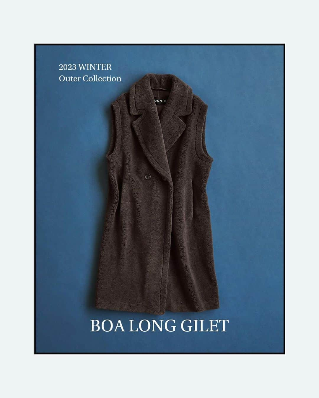 LOUNIE（ルーニィ）のインスタグラム：「_10 BOA LONG GILET  トレンド感満載のボアロングジレ  ウォーミー素材でゆとりあるサイズ感。大きめ襟で小顔効果も。 アームホールを大きめにしているので、 中に着るものを選ばず、 インナー次第で長く着用できます。  📌OUTER FAIR 10/20(金)～11/12(日)の期間中 対象アウターもしくは44,000円以上お買い上げで 「オリジナルスパンコールポーチ」をプレゼント。 ※なくなり次第終了となります。  #LOUNIE#ルーニィ #ボア#ジレコーデ #ロングジレ #アウターコーデ #ノベルティフェア」