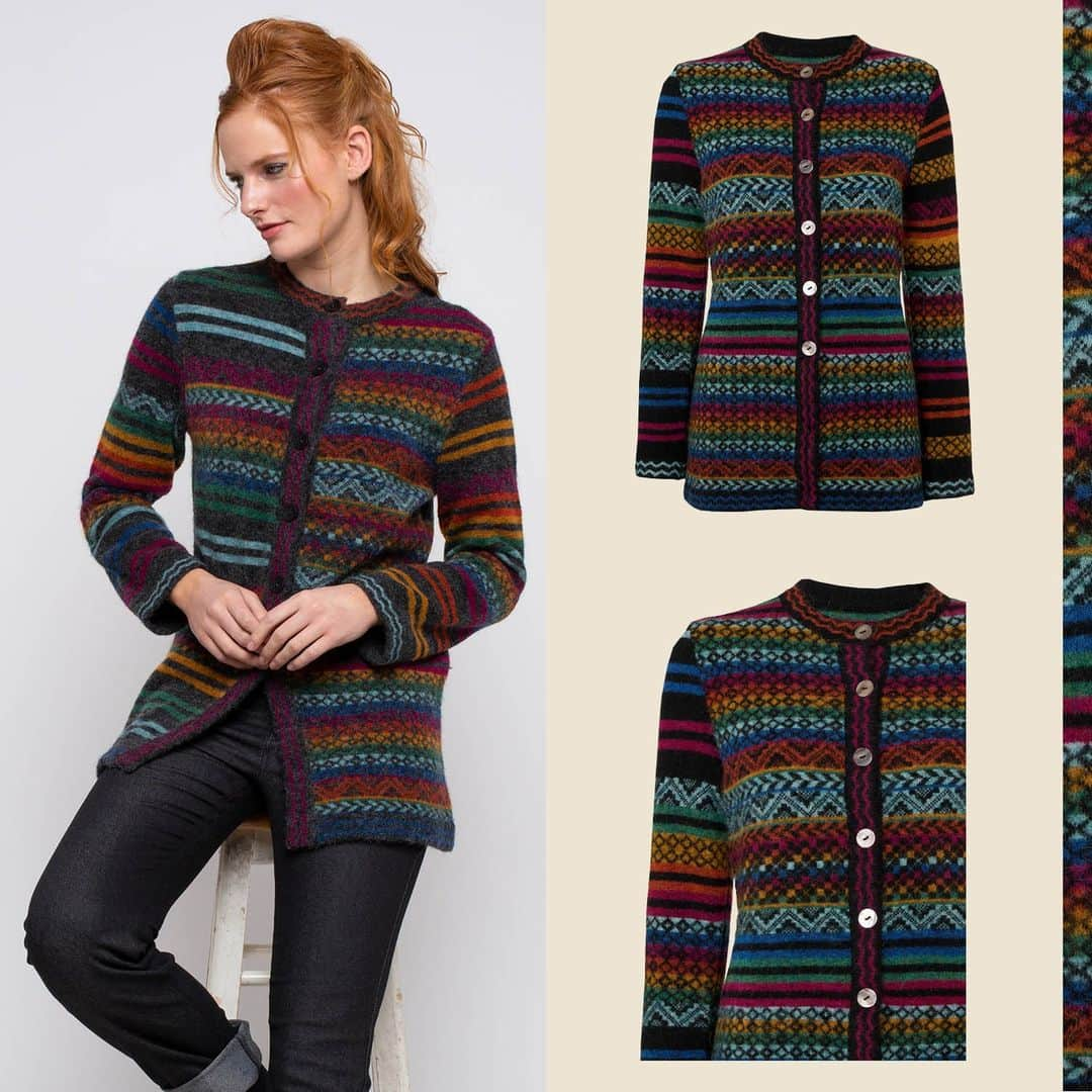 キャロライン チャールズのインスタグラム：「Multi colour striped cardigan in blended alpaca.」