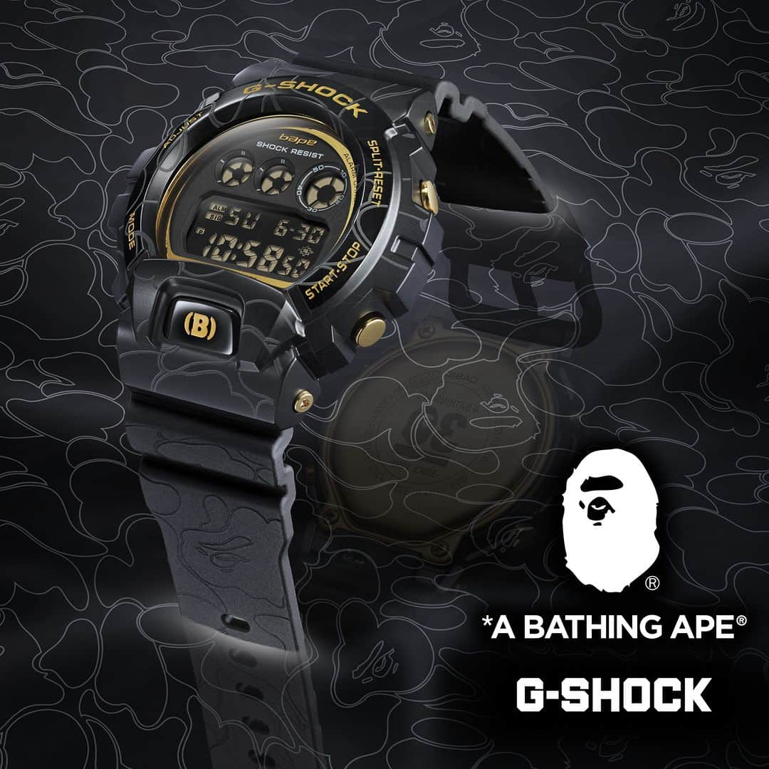 ア ベイシング エイプのインスタグラム：「A BATHING APE®︎とG-SHOCKのコラボレーションリストウオッチがBAPE.COM WEB STOREおよびA BATHING APE®正規取り扱い店舗にて発売中。  ボディをBAPE®︎ CAMOでフルコーティング。ゴールドメタリックのフェイス部分には「bape」と「“BUSY WORKS”」の文字をレタリシングし、6時位置のフロントボタンにBAPE®︎の頭文字をとった（B）のアルファベットを刻印しています。  A BATHING APE® X G-SHOCK GM-6900 will be available at A BATHING APE® authorized stores and BAPE.COM Saturday, November 4th.  The body is fully coated in the same color BAPE®︎ CAMO. The gold metallic face is lettered with the words "BAPE" and ""BUSY WORKS"" and the letter (B), the initials of BAPE®︎, is engraved on the front button at the 6 o'clock position. The back of the watch features the BAPE®︎ logo commemorating the 30th anniversary. The replacement crossband is a special BAPE®︎ CAMO pattern. Delivered in a black case.  This item is available for early release at the Hankyu Umeda's pop-up store, from Wednesday, November 1st.  @gshock_casio_official  @gshock_jp   #bape #abathingape #gshock #casio」